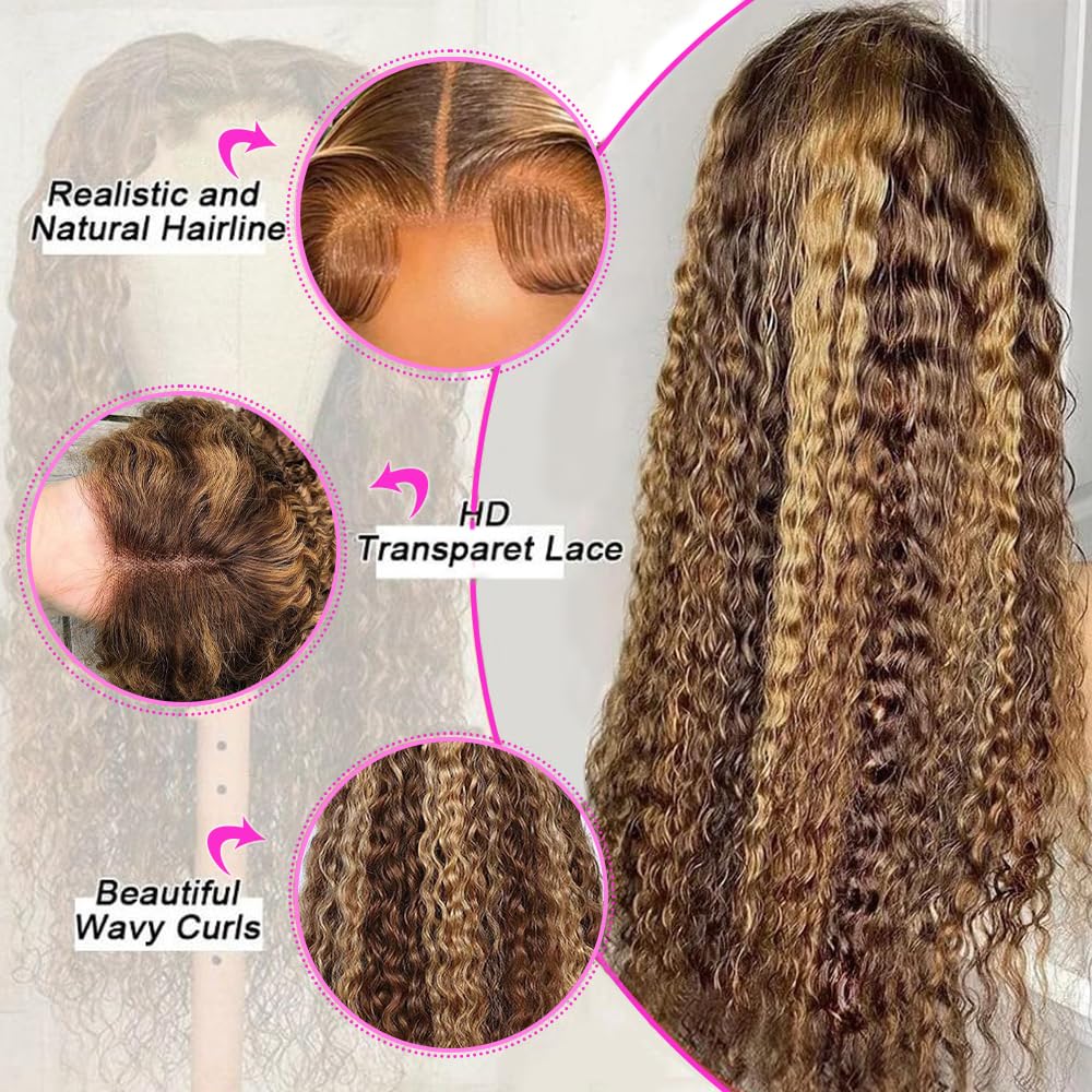 Tylokra 30inch Highlight Ombre Lace Front Wig Human Hair 13x6 HD Honey Blonde 4/27 Deep Wave Lace Frontal Wigs Glueless Wigs Human Hair (4/27 Honey Blonde. 30 inch)