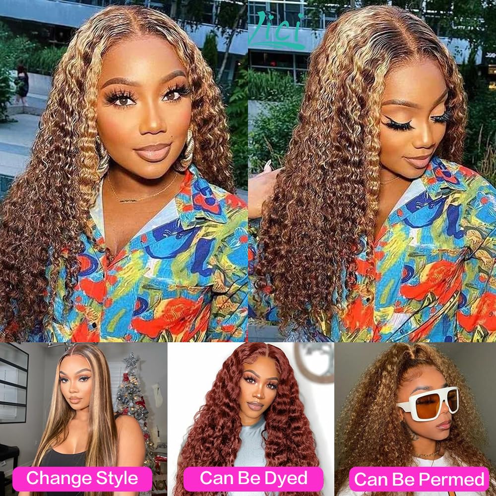 Tylokra 30inch Highlight Ombre Lace Front Wig Human Hair 13x6 HD Honey Blonde 4/27 Deep Wave Lace Frontal Wigs Glueless Wigs Human Hair (4/27 Honey Blonde. 30 inch)