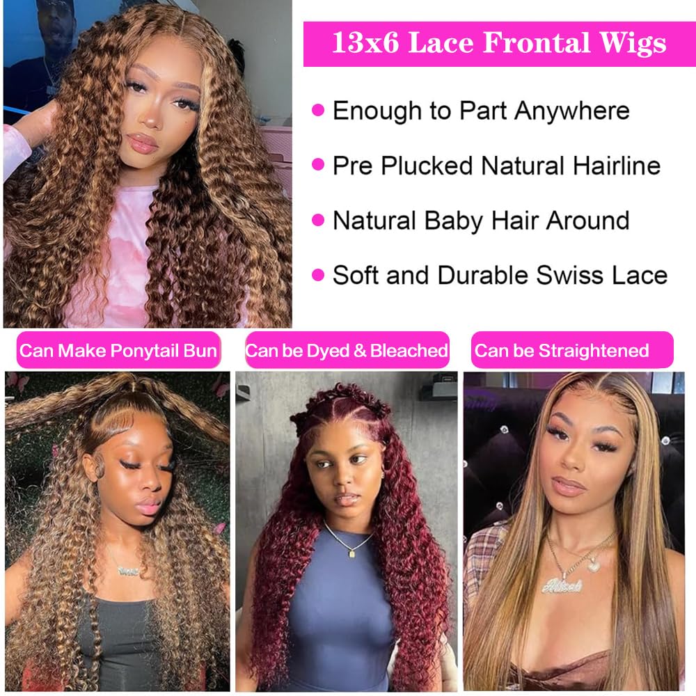 Tylokra 30inch Highlight Ombre Lace Front Wig Human Hair 13x6 HD Honey Blonde 4/27 Deep Wave Lace Frontal Wigs Glueless Wigs Human Hair (4/27 Honey Blonde. 30 inch)