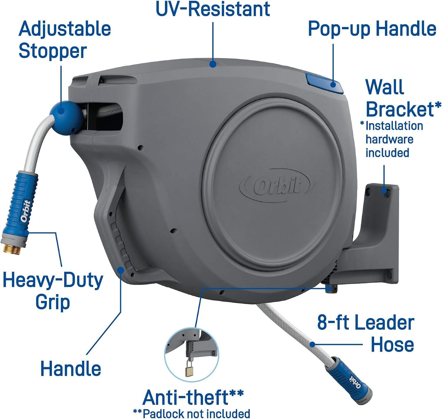 Orbit Auto-Retractable Garden Hose Reel. Wall Mount. 100ft x 5/8in - 28263 | Heavy-Duty 180 Degree Swivel Mount Hose Reel with 500 PSI Burst Strength for Easy Auto-Retractable Storage