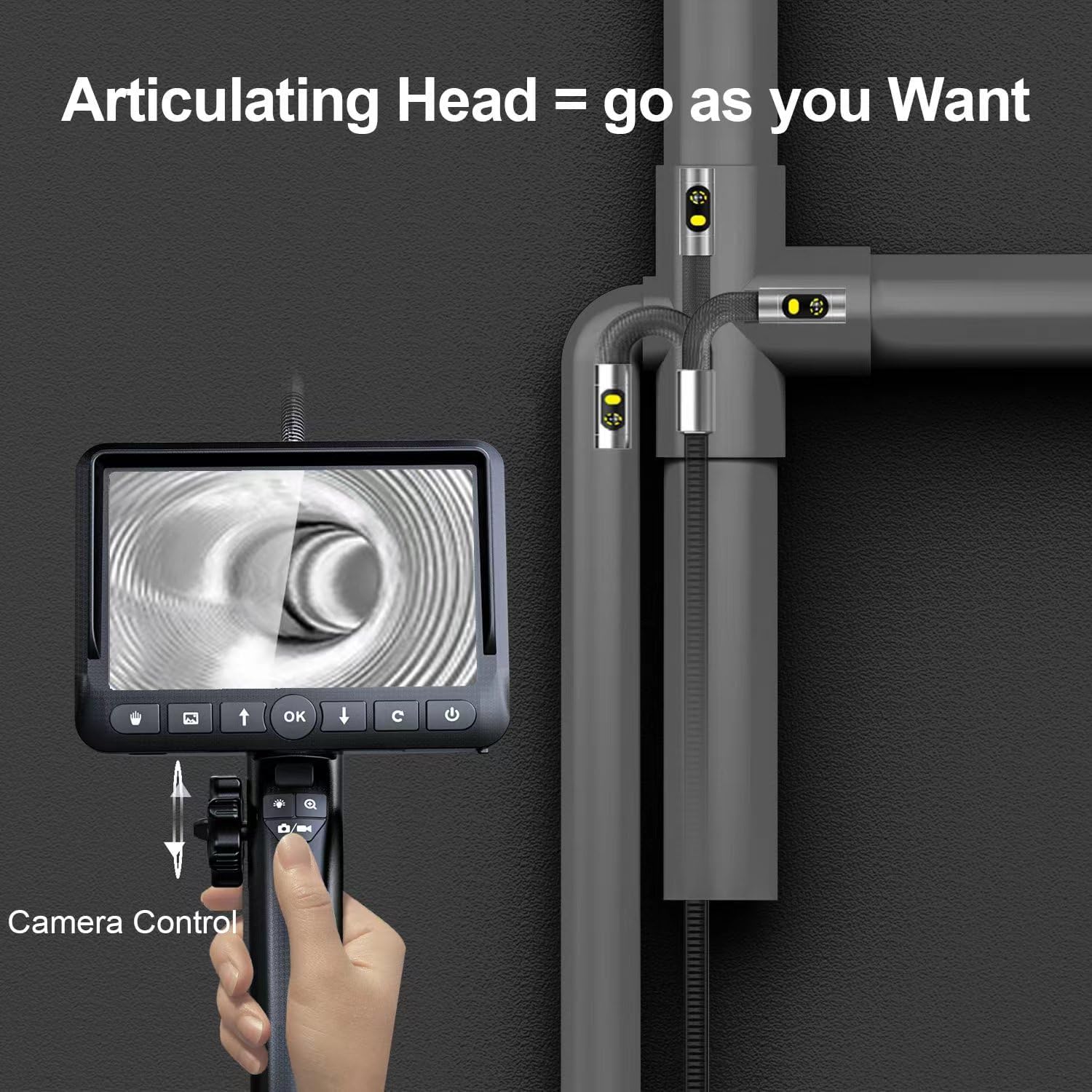 DXZtoz Dual-Lens Articulating Borescope for Automotive Mechanic Inspection | 5.0 IPS Screen. 2-Way 220° Snake Camera with Light. 10X Zoom. 32GB. IP67 Waterproof. 5FT Semi-rigid Probe