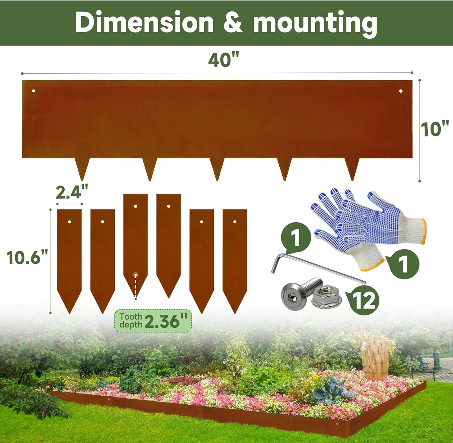 Corten Steel Landscape Edging 10 Inch Metal Garden Edging Pre-Rusted 6-Pack | 20Ft Total Heavy Duty Metal Landscape Edging. No Dig. Bendable for Curved Borders. 6 Clips for Yard. Pathway. Backyard