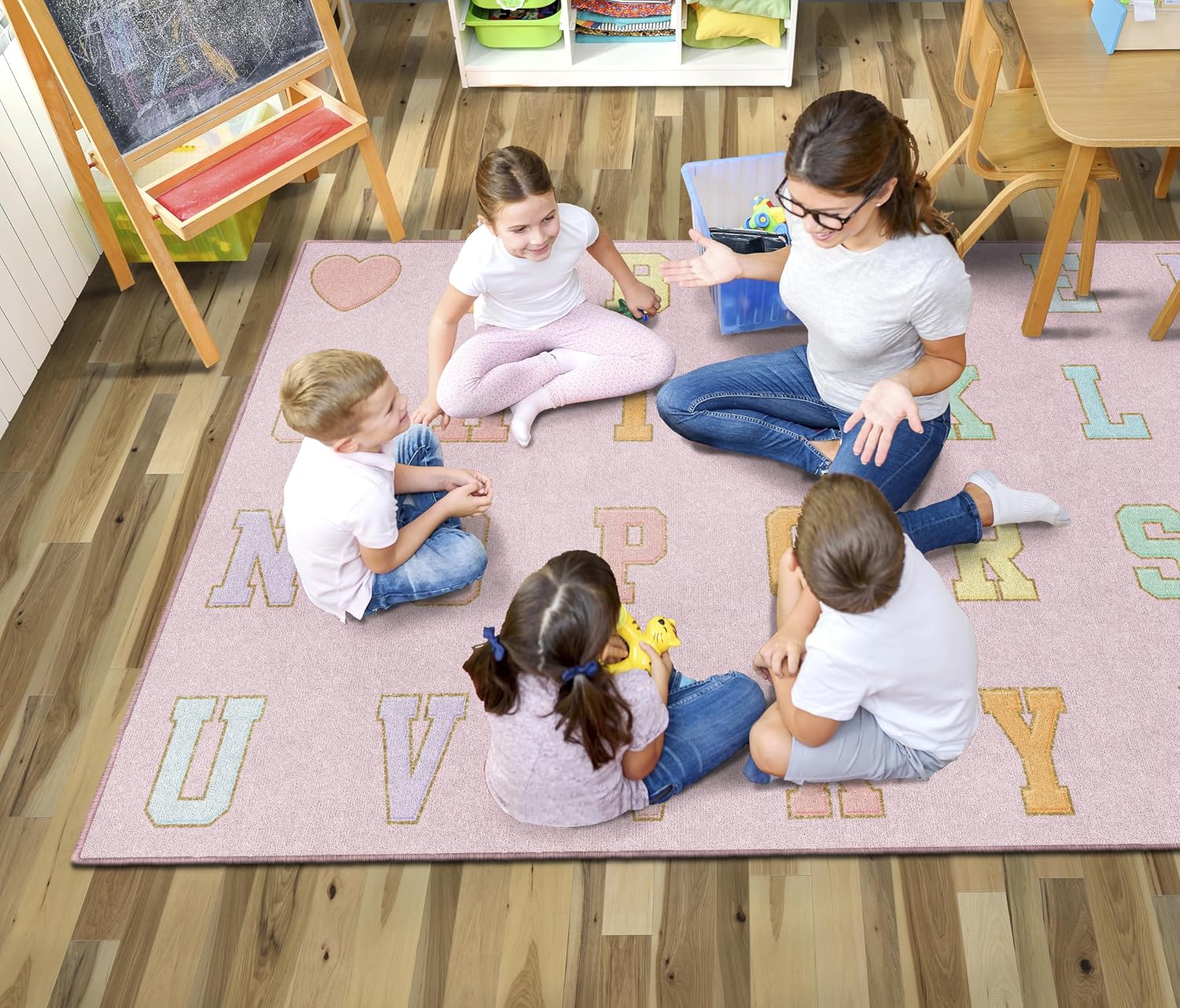 Flagship Carpets Pink Pastel Alphabet Criss-Cross Applesauce Educational Area Rug for Kids Room Seating Décor. Children's Classroom. Play Carpet for Teaching and Playroom. 5' x 7'6
