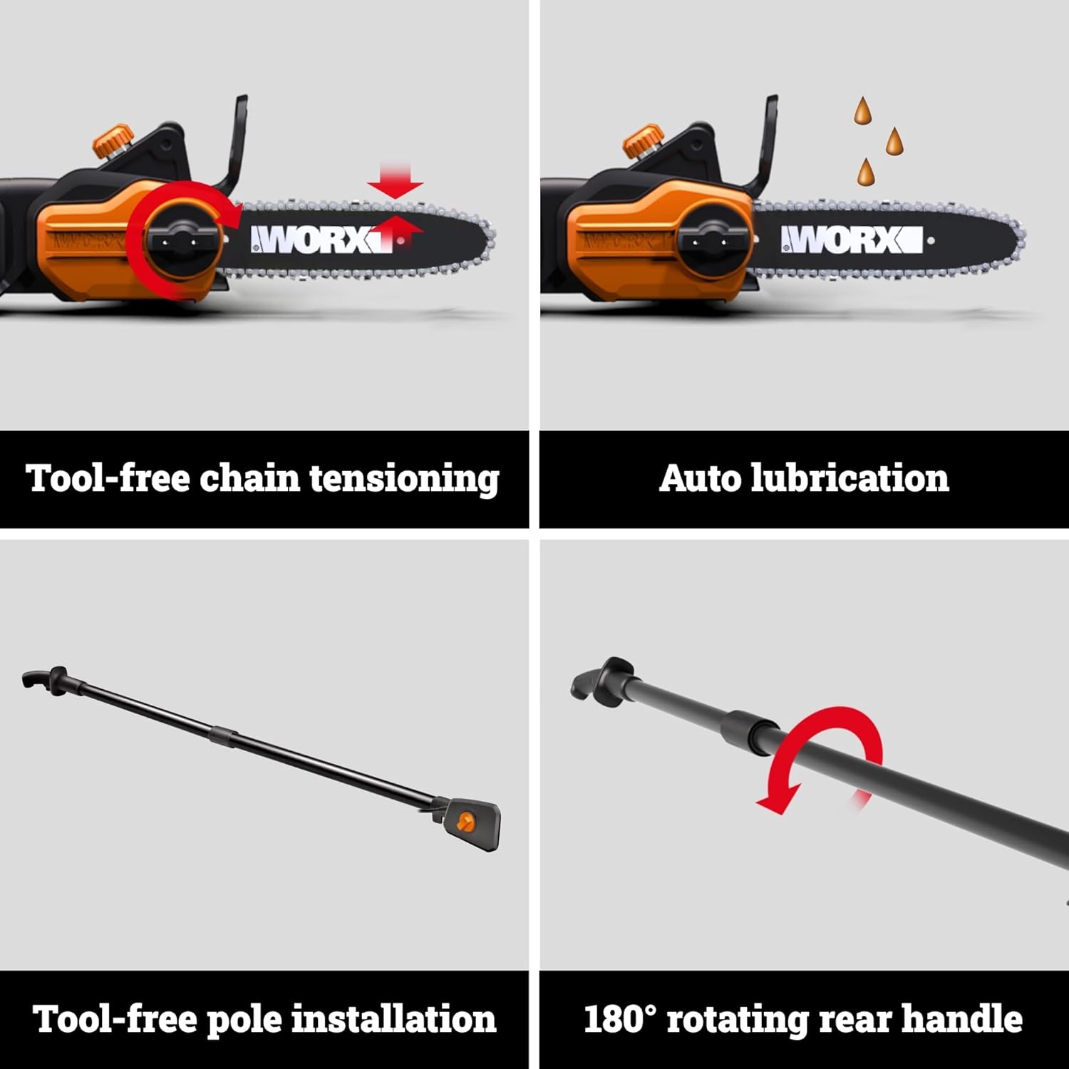 WORX Electric Chainsaw. 8 Amp 10 2-in-1 Pole saw. WG311 | Up to 10 ft. Reach. 28 ft/s Chain Speed. Weighs 10 LBS. 180° Rotating Rear Handle