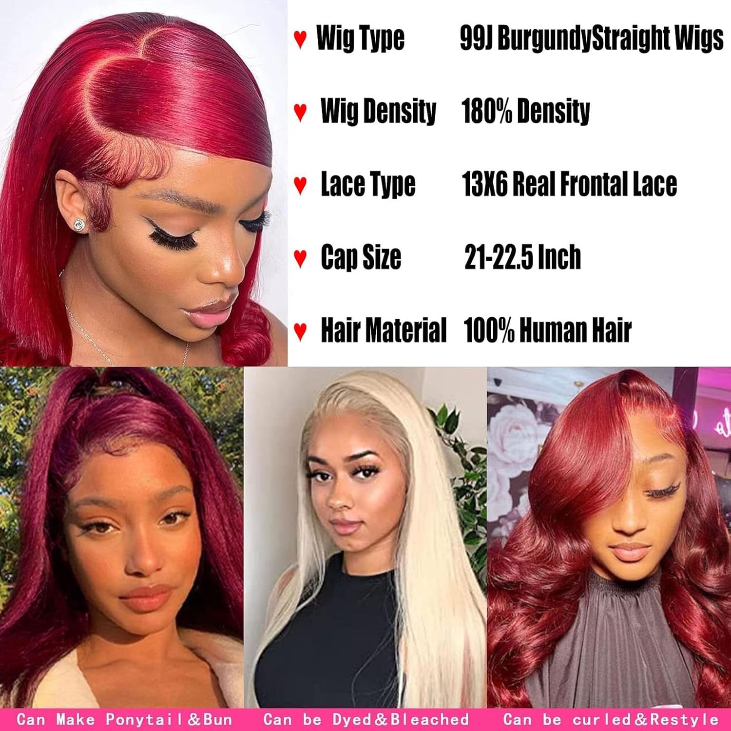 Burgundy Wig Human Hair 13x6 HD Lace Front Straight Wig 180 Density 28inch | 100% Human Hair with Natural Pre-Plucked Hairline .HD Transparent Lace Deep Parting Space. No Shedding. Soft Silky Straight