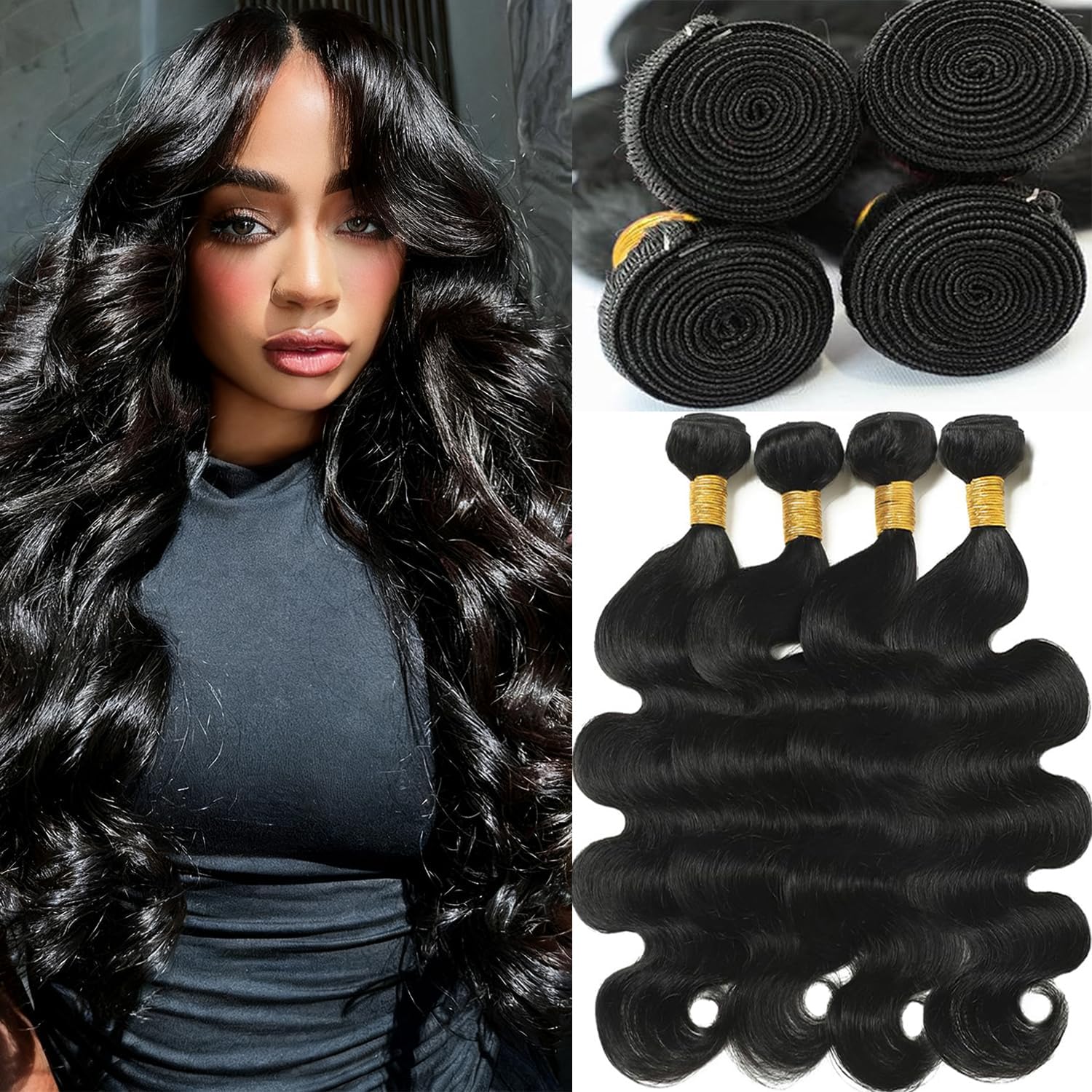 Body Wave Bundles Human Hair 20 22 22 24 Inch Human Hair Bundles 100% Unprocessed Brazilian Virgin Human Hair Extensions for Women Natural Color