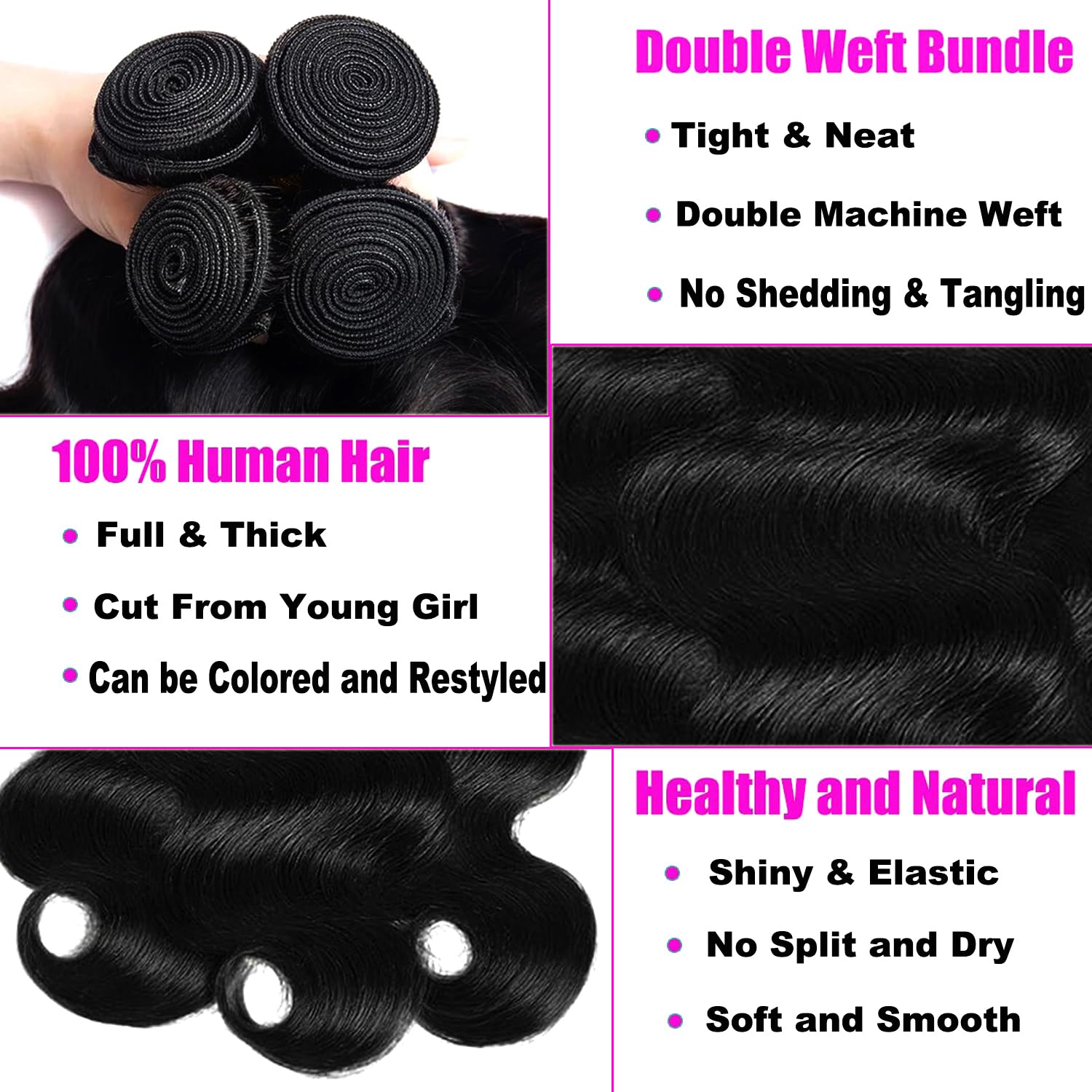 Body Wave Bundles Human Hair 20 22 22 24 Inch Human Hair Bundles 100% Unprocessed Brazilian Virgin Human Hair Extensions for Women Natural Color