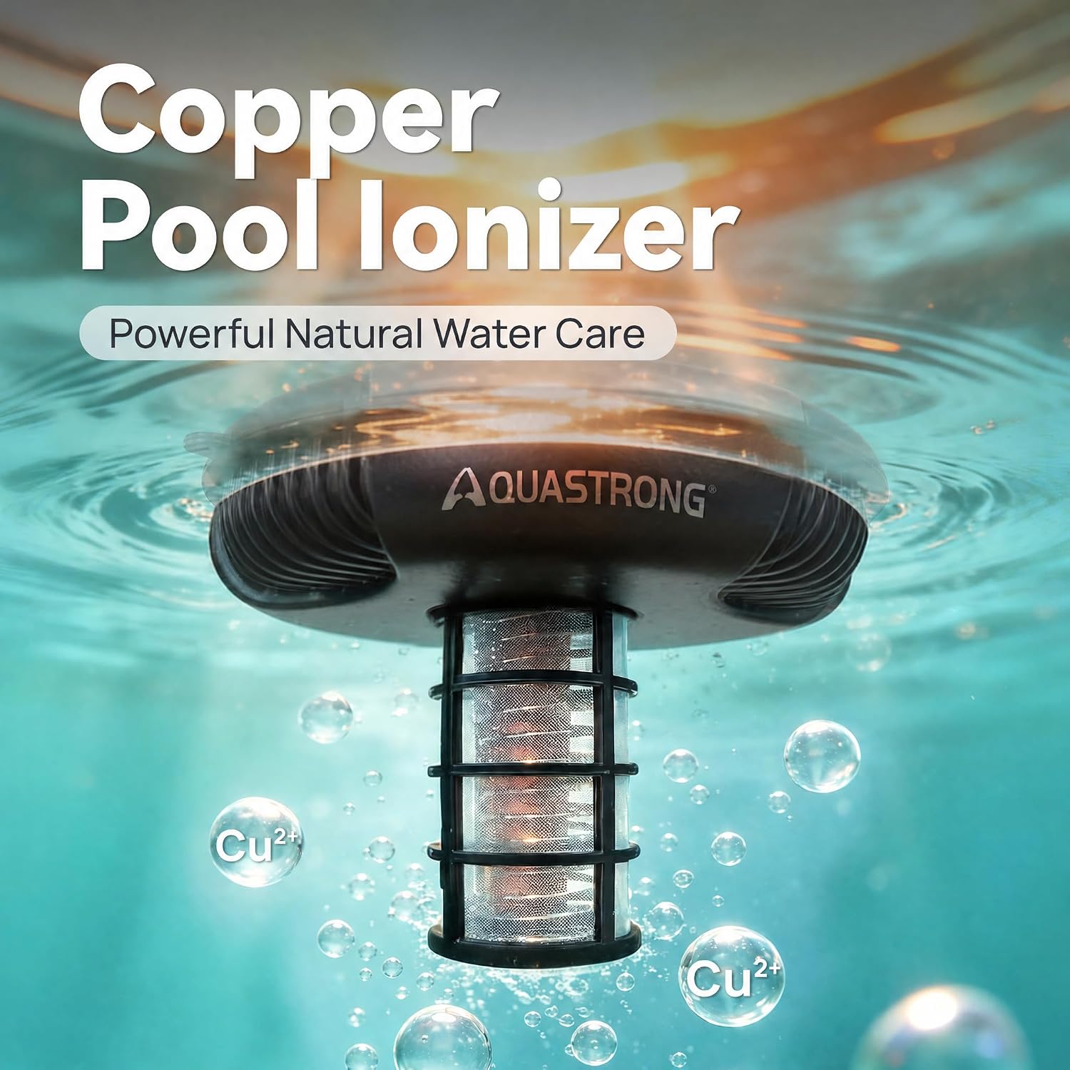 AQUASTRONG Solar Powered Pool Care System with 19.9 oz Copper Anode. 2W Solar Panel. Floating Design for Above Ground & Inground Pools up to 50.000 Gallons. Compatible with Multiple Pool Types