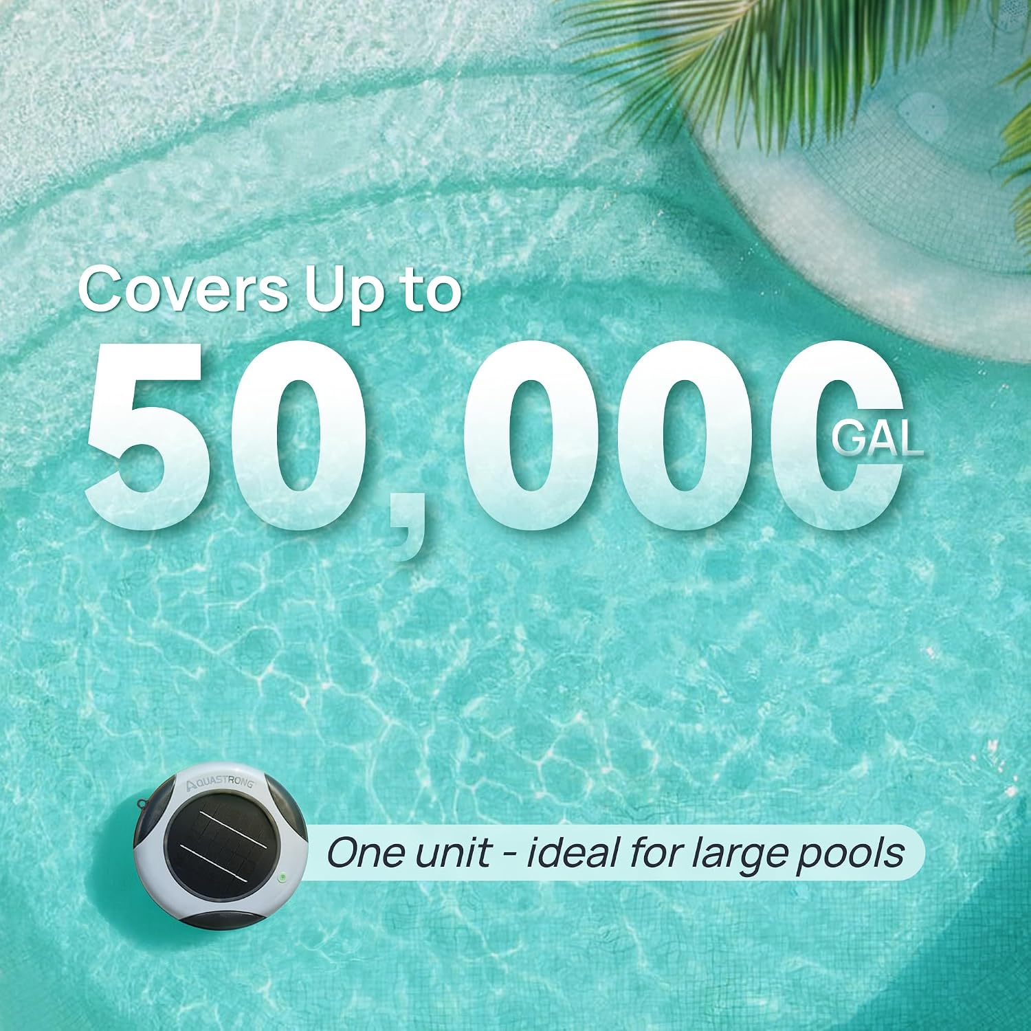 AQUASTRONG Solar Powered Pool Care System with 19.9 oz Copper Anode. 2W Solar Panel. Floating Design for Above Ground & Inground Pools up to 50.000 Gallons. Compatible with Multiple Pool Types