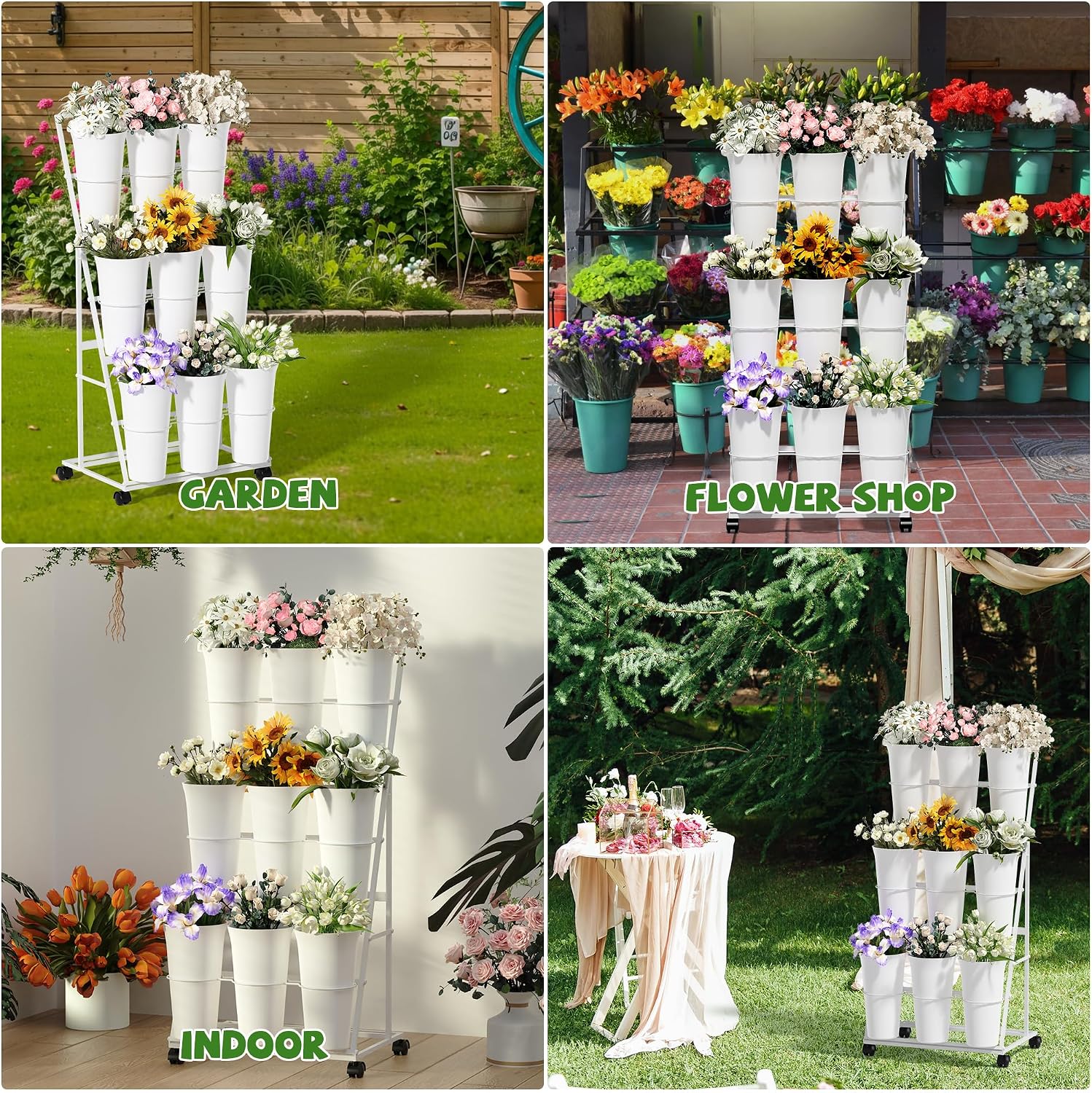 Invech Flower Display Stand with 9 Buckets. 3 Tier Flower Cart Display Stand and Wheels for Indoor Outdoor Garden. Wedding. Flower Shop (White)