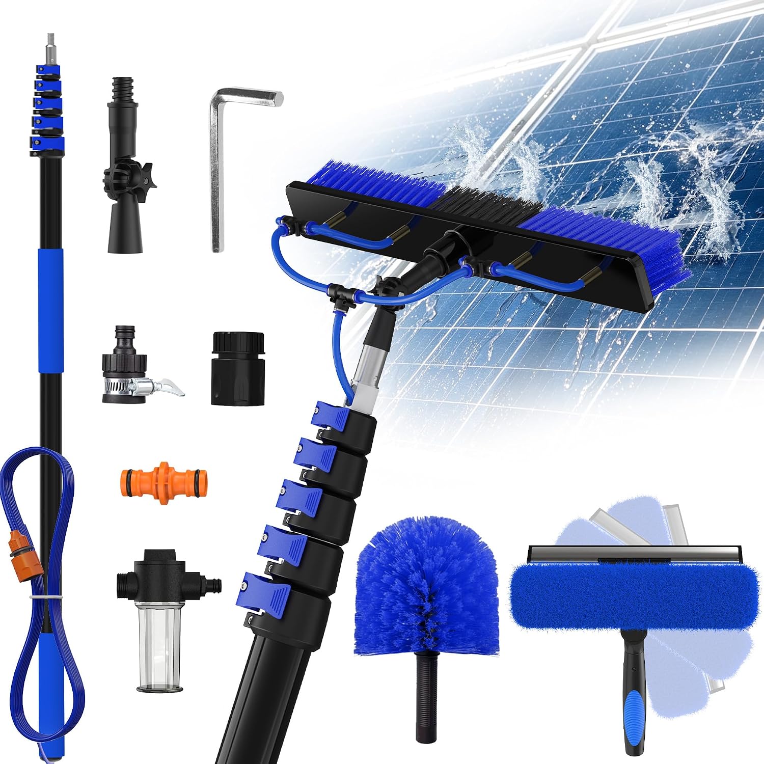 Buyplus 30FT Reach Solar Panel Cleaning Brush Kit with 5-24FT Telescoping Pole. Water Fed Window Cleaner Tool with 20 Brush. Soap Dispenser. Cobweb Duster. Squeegee for Roof. RV. Gutter. Deck.Blue