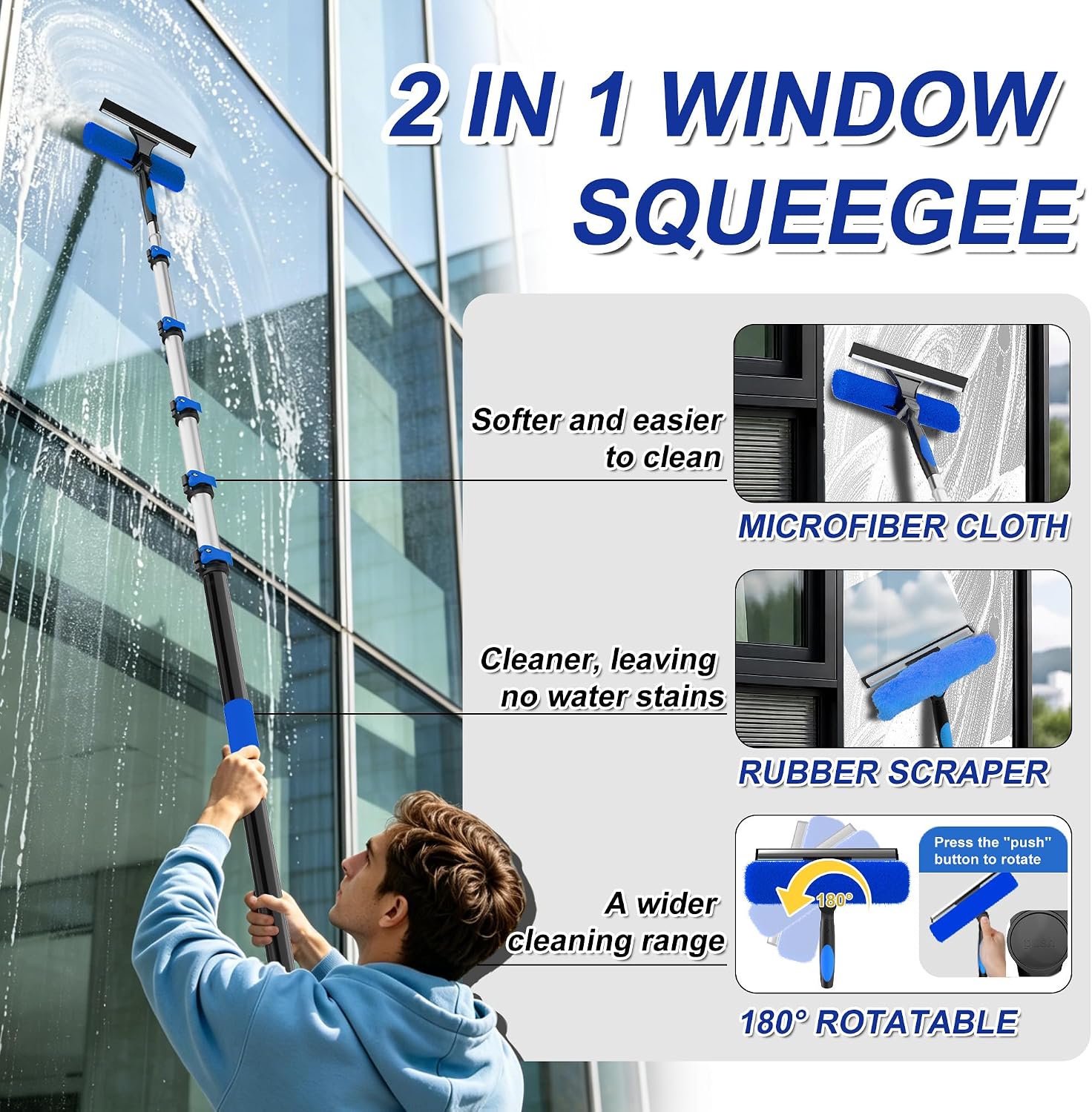 Buyplus 30FT Reach Solar Panel Cleaning Brush Kit with 5-24FT Telescoping Pole. Water Fed Window Cleaner Tool with 20 Brush. Soap Dispenser. Cobweb Duster. Squeegee for Roof. RV. Gutter. Deck.Blue