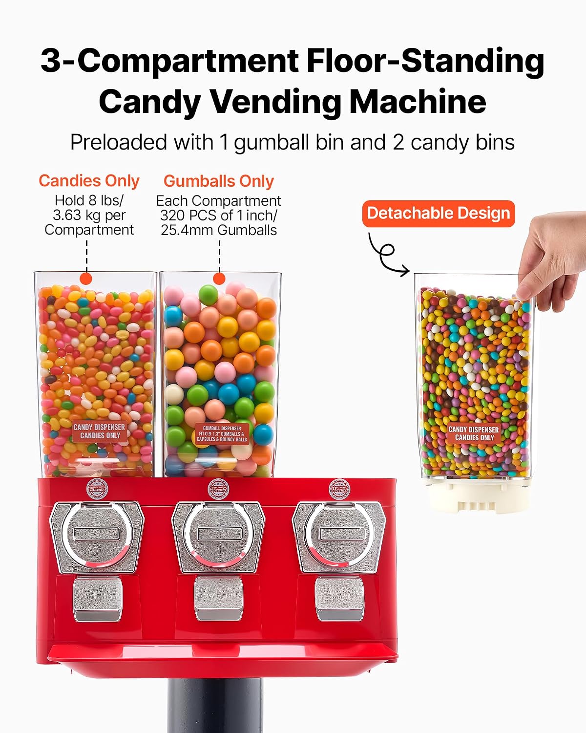 VEVOR Candy Vending Machine. Triple Compartment Candy Vending Machine with Stand. Gumball & Candies Vendings Machines with Built-in Cash Box. Detachable. Vintage Candies Dispenser for Shops. Arcades | Aluminum Alloy Base. Iron Top. Manual Coin-Operated. for Game Shops. Retail Stores. Amusement Parks. Home. Party. Carneval