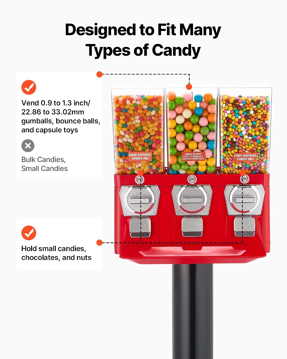 VEVOR Candy Vending Machine. Triple Compartment Candy Vending Machine with Stand. Gumball & Candies Vendings Machines with Built-in Cash Box. Detachable. Vintage Candies Dispenser for Shops. Arcades | Aluminum Alloy Base. Iron Top. Manual Coin-Operated. for Game Shops. Retail Stores. Amusement Parks. Home. Party. Carneval