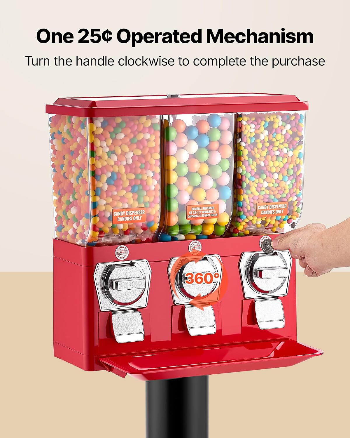 VEVOR Candy Vending Machine. Triple Compartment Candy Vending Machine with Stand. Gumball & Candies Vendings Machines with Built-in Cash Box. Detachable. Vintage Candies Dispenser for Shops. Arcades | Aluminum Alloy Base. Iron Top. Manual Coin-Operated. for Game Shops. Retail Stores. Amusement Parks. Home. Party. Carneval