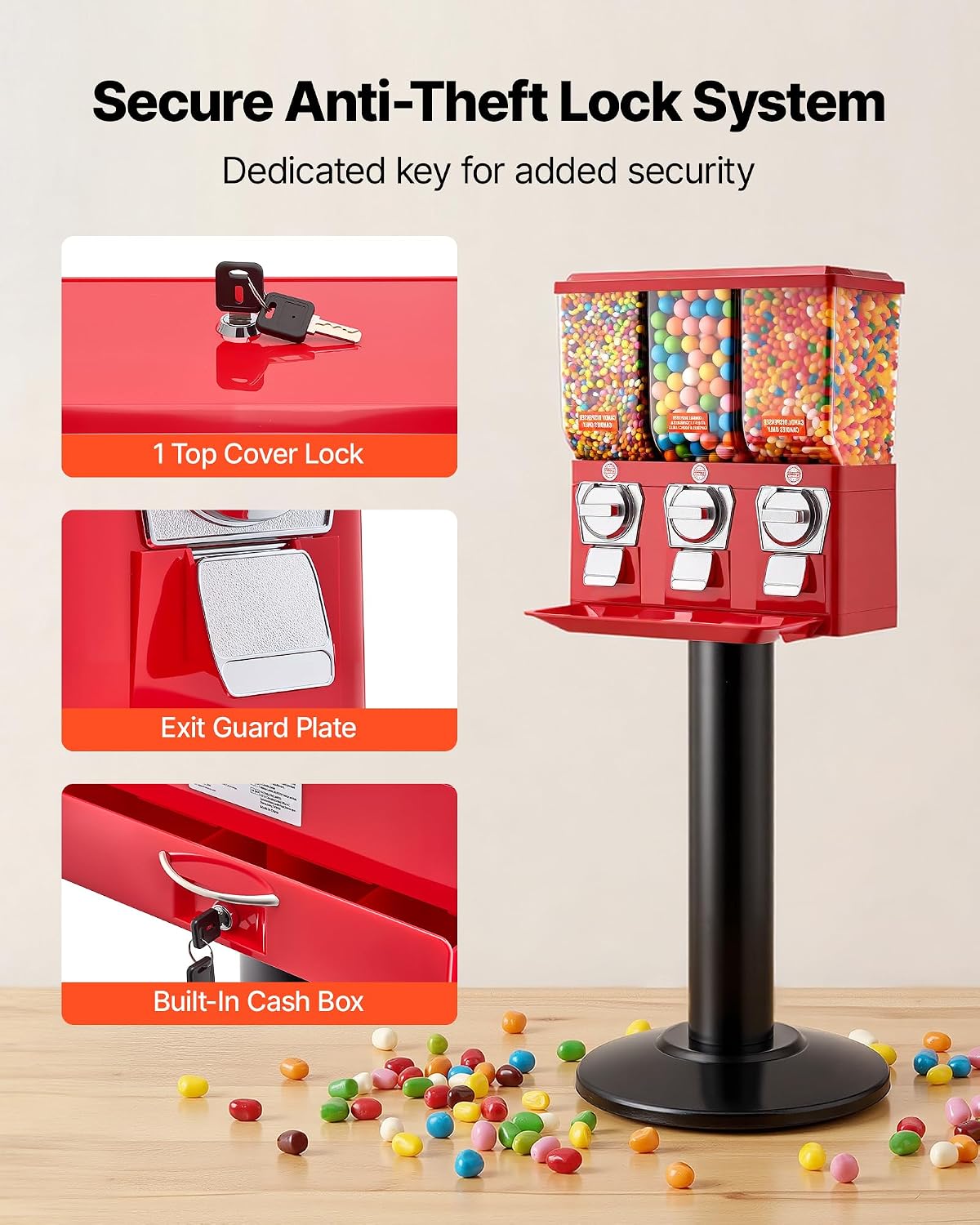 VEVOR Candy Vending Machine. Triple Compartment Candy Vending Machine with Stand. Gumball & Candies Vendings Machines with Built-in Cash Box. Detachable. Vintage Candies Dispenser for Shops. Arcades | Aluminum Alloy Base. Iron Top. Manual Coin-Operated. for Game Shops. Retail Stores. Amusement Parks. Home. Party. Carneval