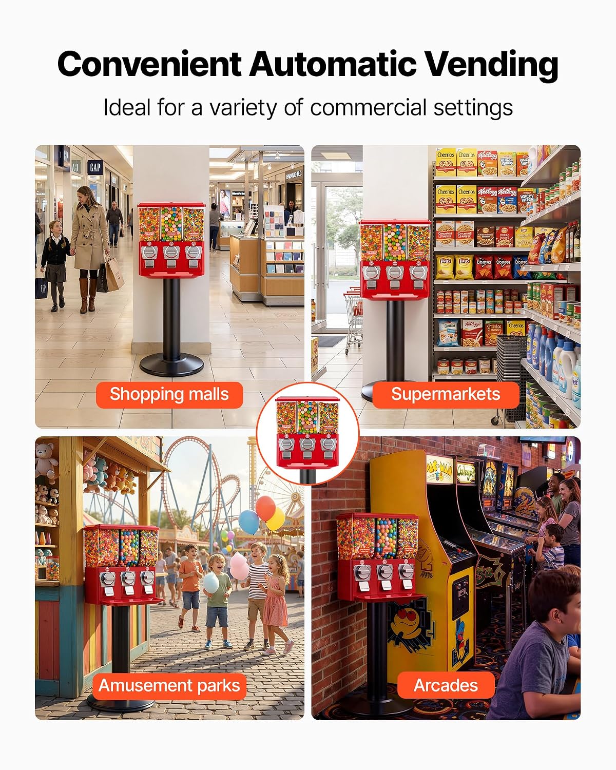 VEVOR Candy Vending Machine. Triple Compartment Candy Vending Machine with Stand. Gumball & Candies Vendings Machines with Built-in Cash Box. Detachable. Vintage Candies Dispenser for Shops. Arcades | Aluminum Alloy Base. Iron Top. Manual Coin-Operated. for Game Shops. Retail Stores. Amusement Parks. Home. Party. Carneval