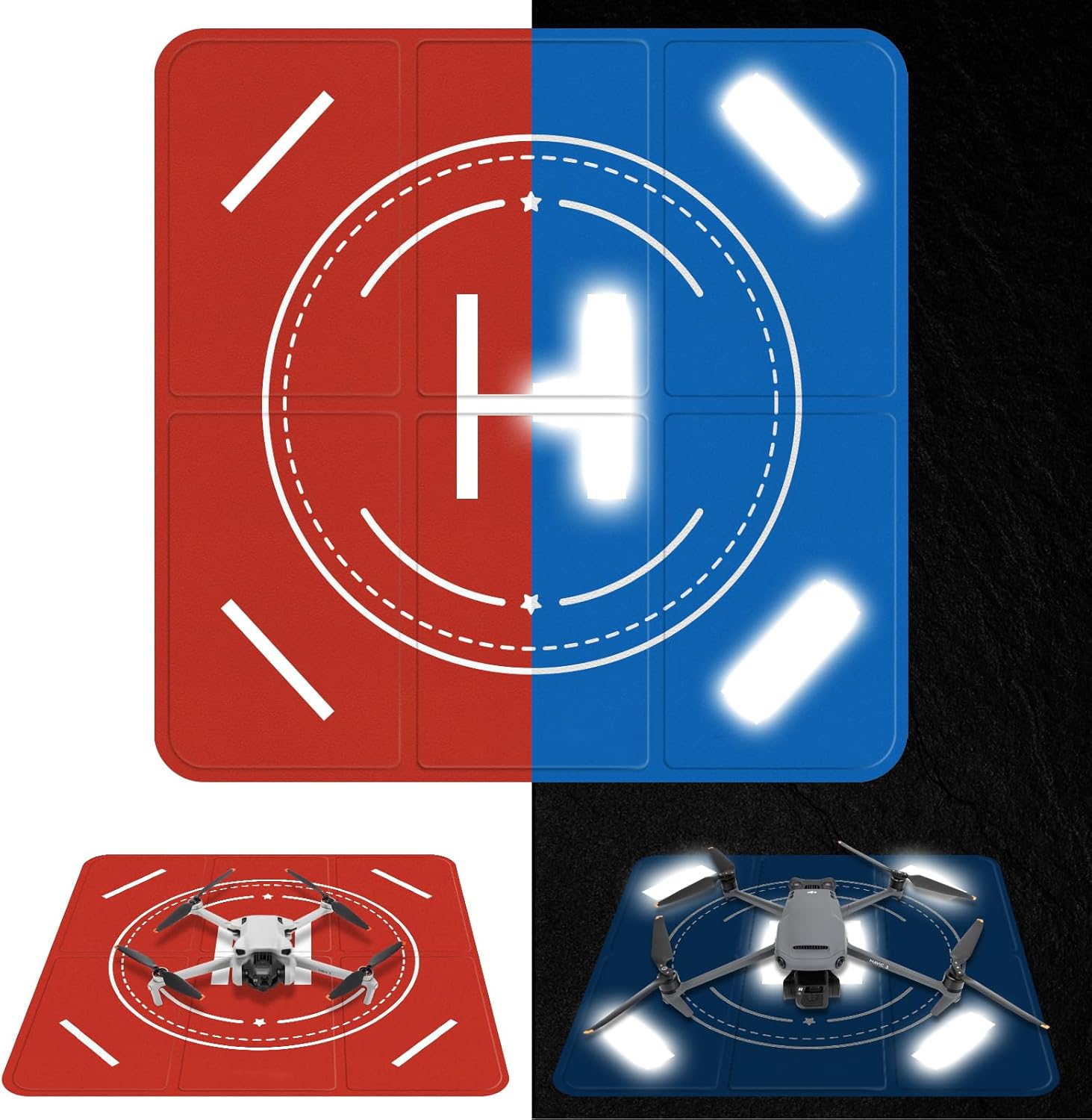 FPVtosky Nighttime Reflective Drone Landing Pad. Fast-fold Double Sided Waterproof Landig Pad Weighted for DJI Lito X1/Mini 5 Pro/ 4/3 Pro/Mini 4k / Mavic 4 / Air 3s/ Avata 2/ Neo/Flip