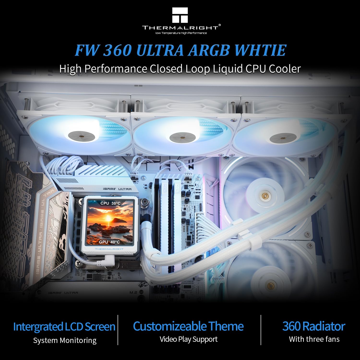 Thermalright FW360 Ultra ARGB White CPU AIO Cooler.PC 360 Specification Water Cooler System.IPS LCD Screen with 480x480 Resolution.for AM5.Intel LGA1700/1851.High Performance Pump.2.88in LCD Screen