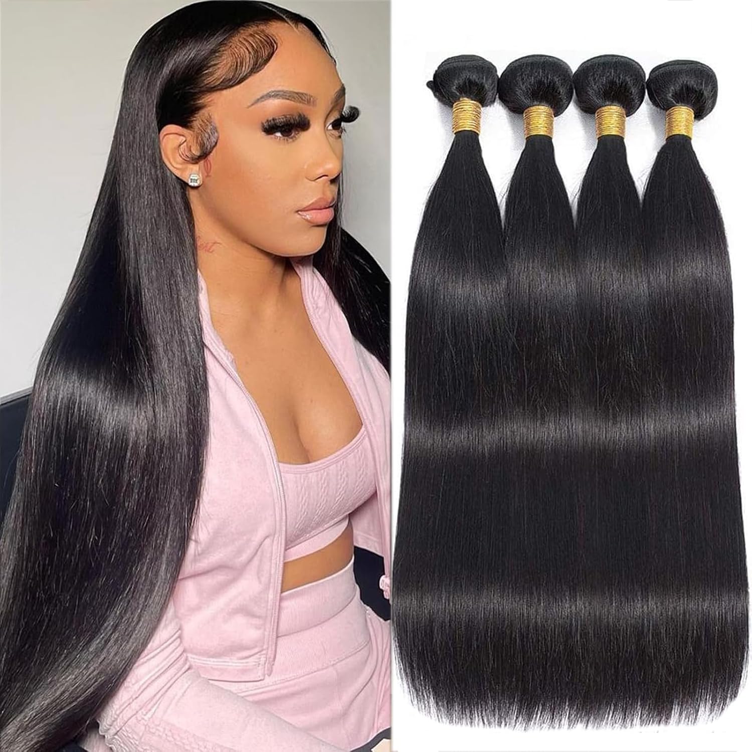 Human Hair Bundles 22 24 26 28 Inch Straight Bundles Human Hair Extensions | Silky Straight Human Hair Bundles. 4 Bundles Virgin Human Hair.Double Weft.Full Ends for Quick Weave Sew-ins.Daily Styling