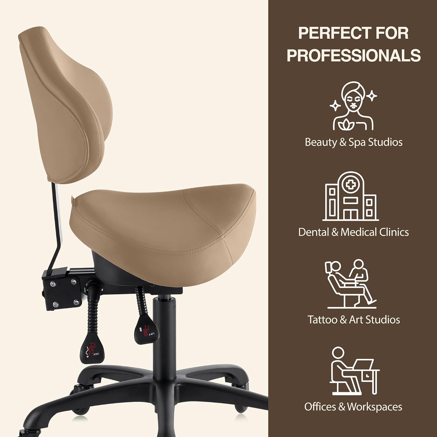 Ergonomic Saddle Chair with Back Support. Adjustable Rolling Stool | Aluminum Base · Adjustable Backrest · PU Casters · 400 lb Capacity · Dental. Salon. Spa & Office