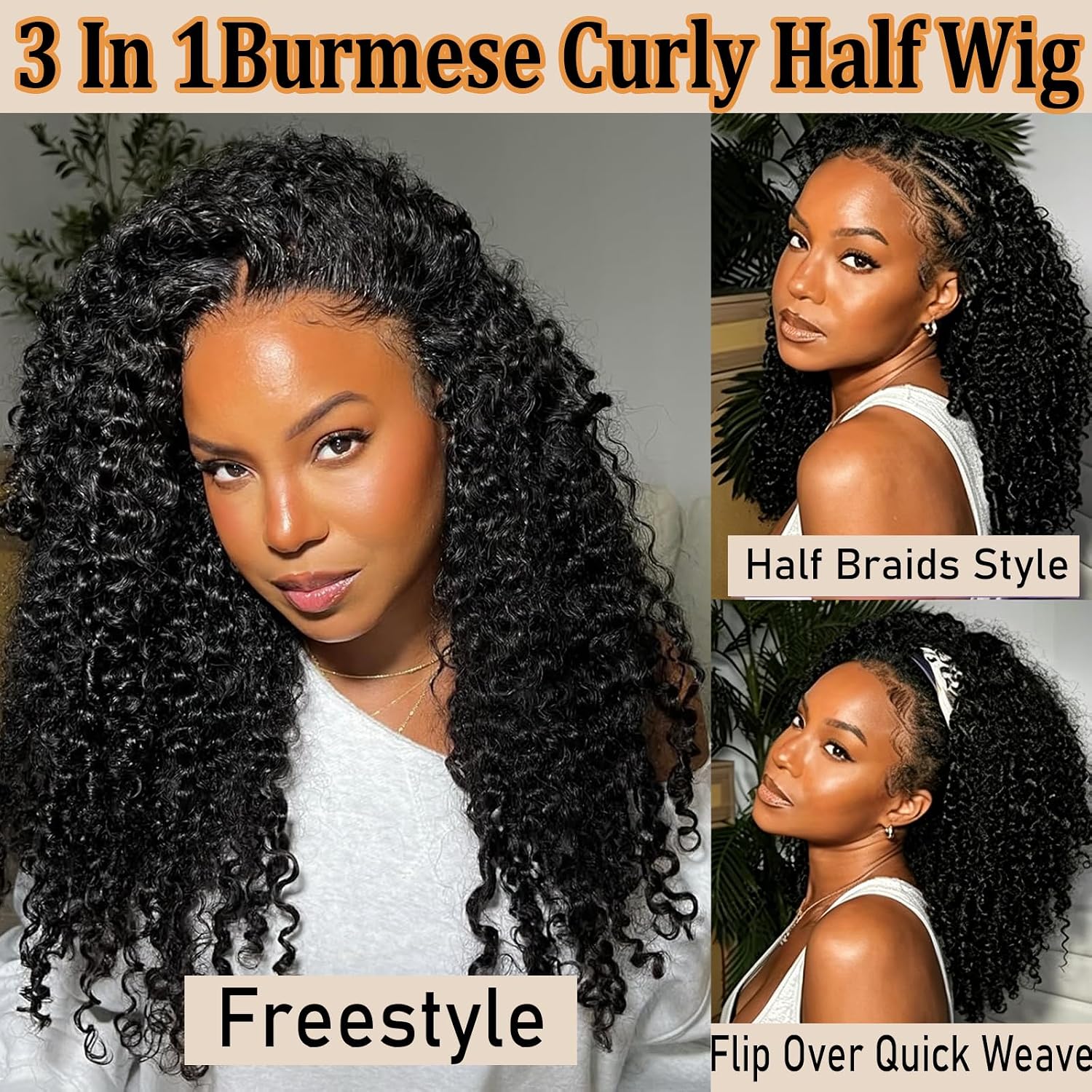 Coshgirl Burmese Curly Half Wig Human Hair for Women 180% Density 3 In 1 Seamless Flip Over Half Wigs with Spiral Curls End Beginner Friendly Wear Go Drawstring Wig No Glue No Sew Easy Install 24inch