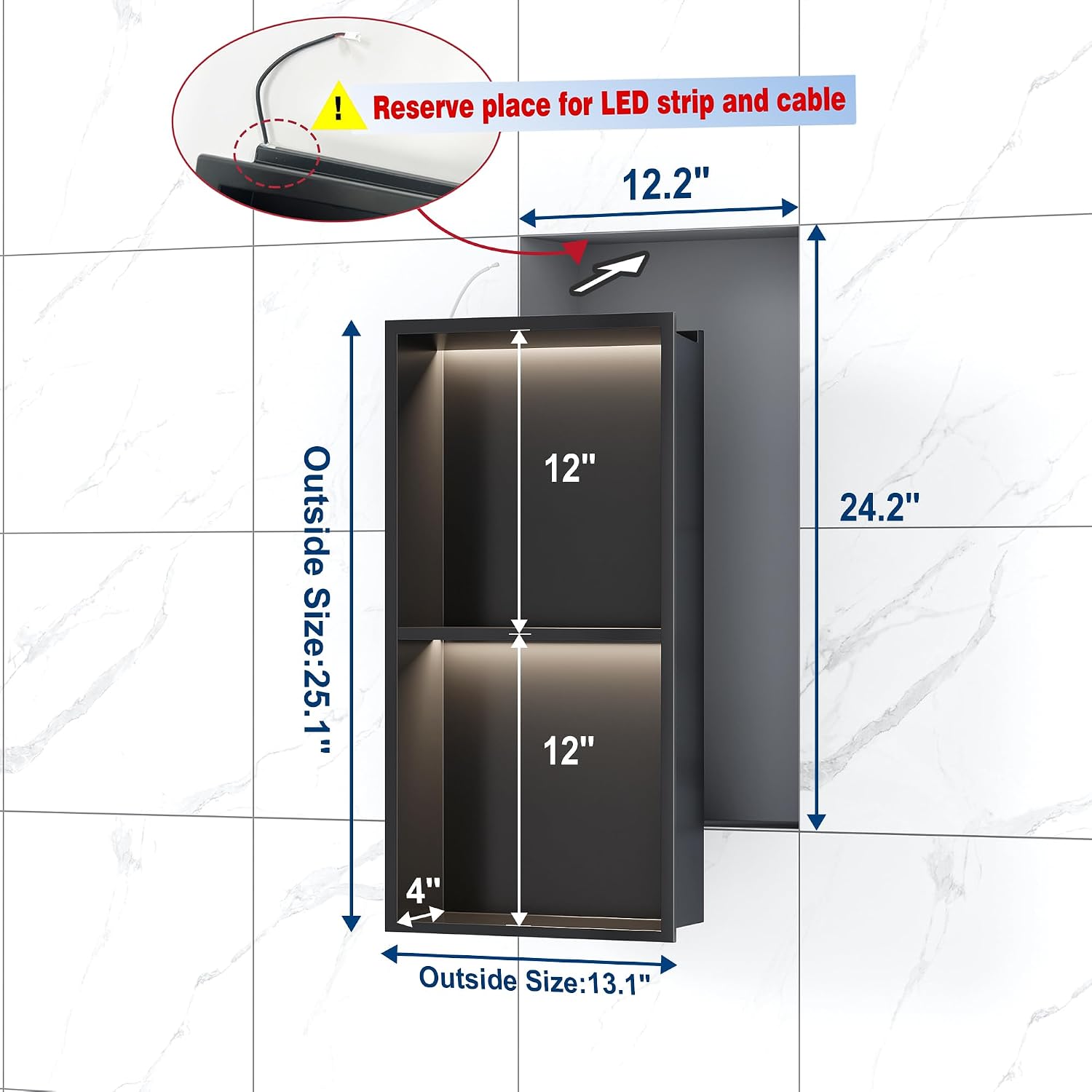 Qeke 12 X 24 Stainless Steel Shower Niche w/ 3 CCT Dimmable Light. Black | No Tile Needed Wall Niche. 2-Tiers Niche w/ Light(3000K/4000K/6000K). IP66 Waterproof. Space Saving & Durable