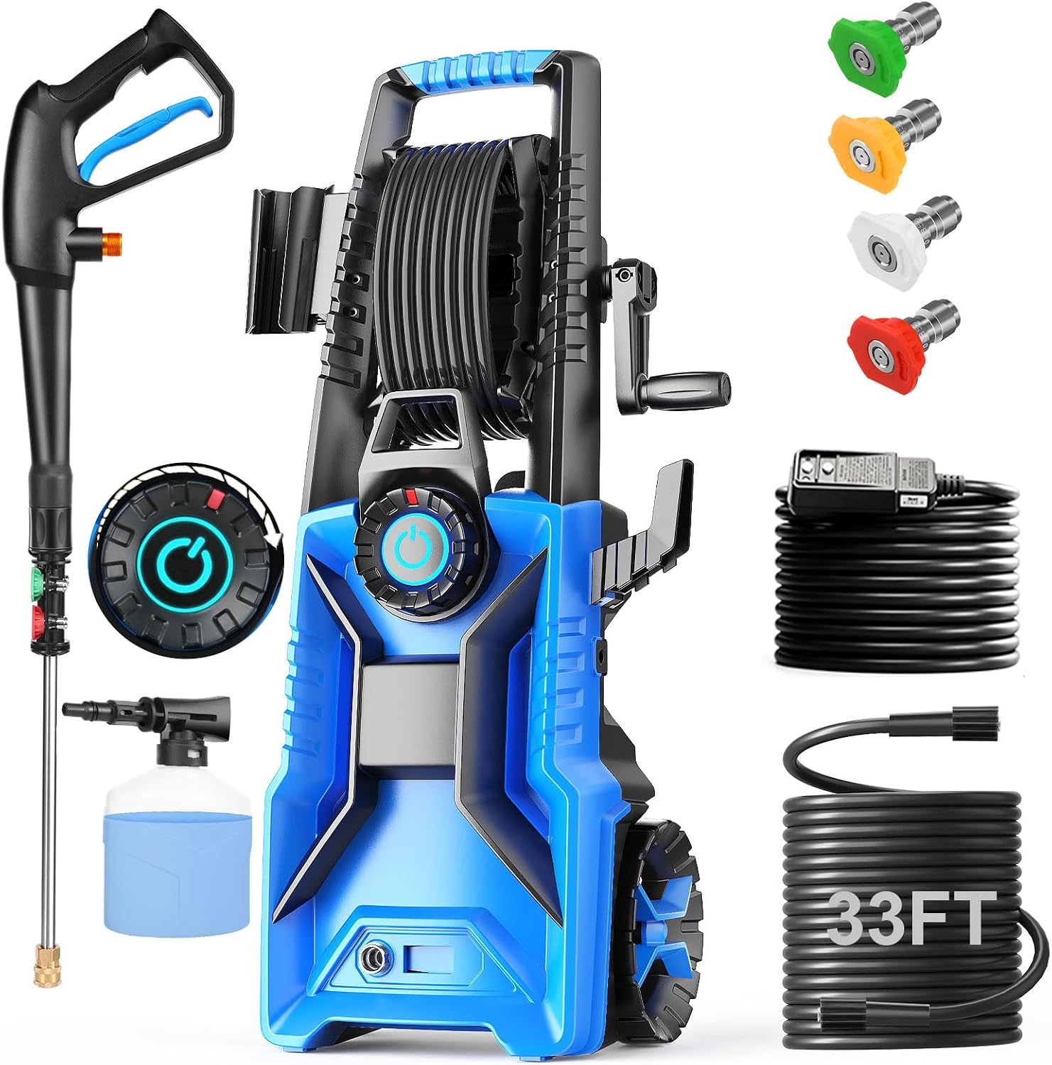 Electric Pressure Washer.5000 PSI 3.6GPM Adjustable Pressure.Power Washer Electric Powered with Foam Cannon.4 Nozzle.33FT Hose.GFCI Protection and Soap Bottle for Home/Cars/Fences (Blue)