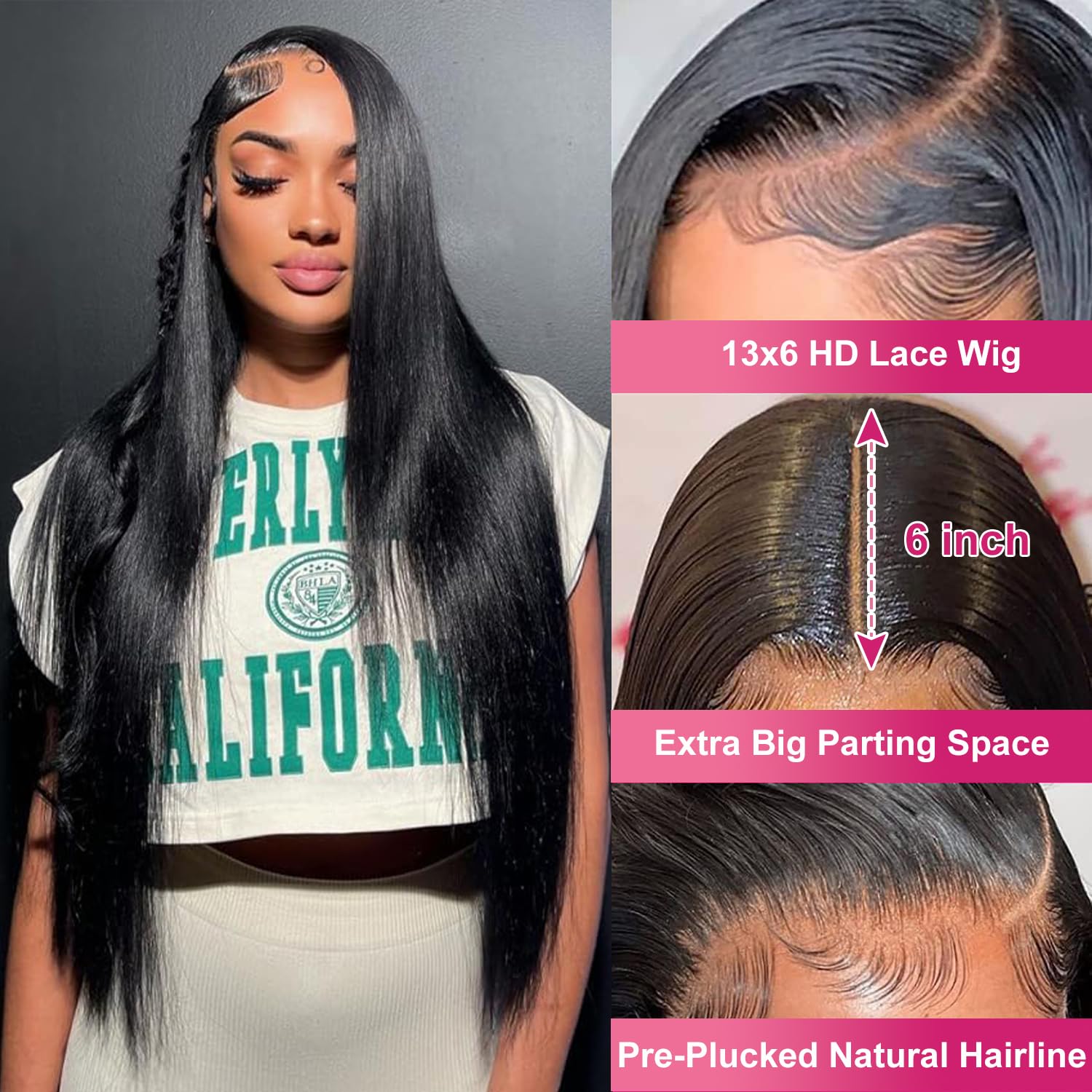 Btomar 13x6 Lace Front Wigs Human Hair 200 Density Straight Wig 30 Inch | 100% Human Hair with Natural Pre-Plucked Hairline. HD Lace Large Deep Parting Space. No Shedding. Straight Soft Silky Texture