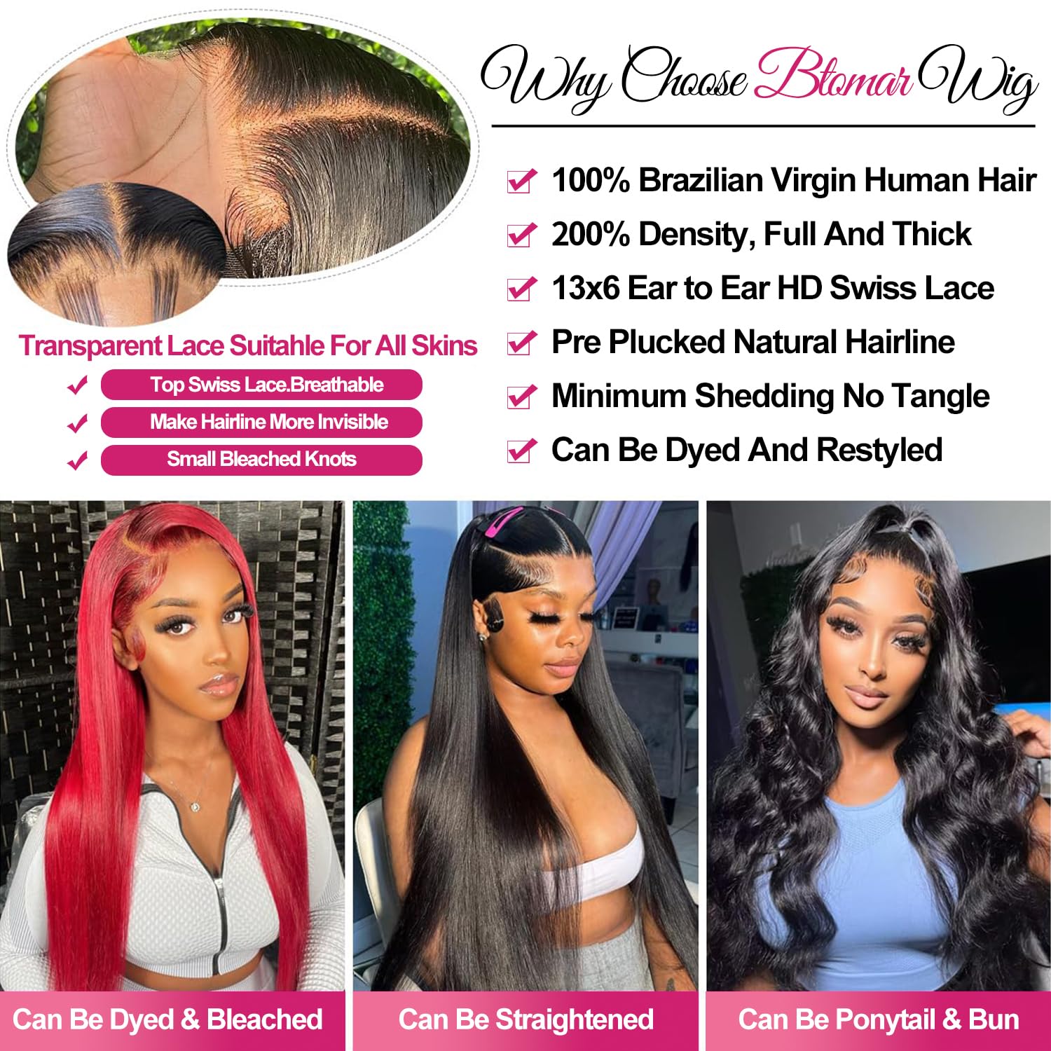 Btomar 13x6 Lace Front Wigs Human Hair 200 Density Straight Wig 30 Inch | 100% Human Hair with Natural Pre-Plucked Hairline. HD Lace Large Deep Parting Space. No Shedding. Straight Soft Silky Texture