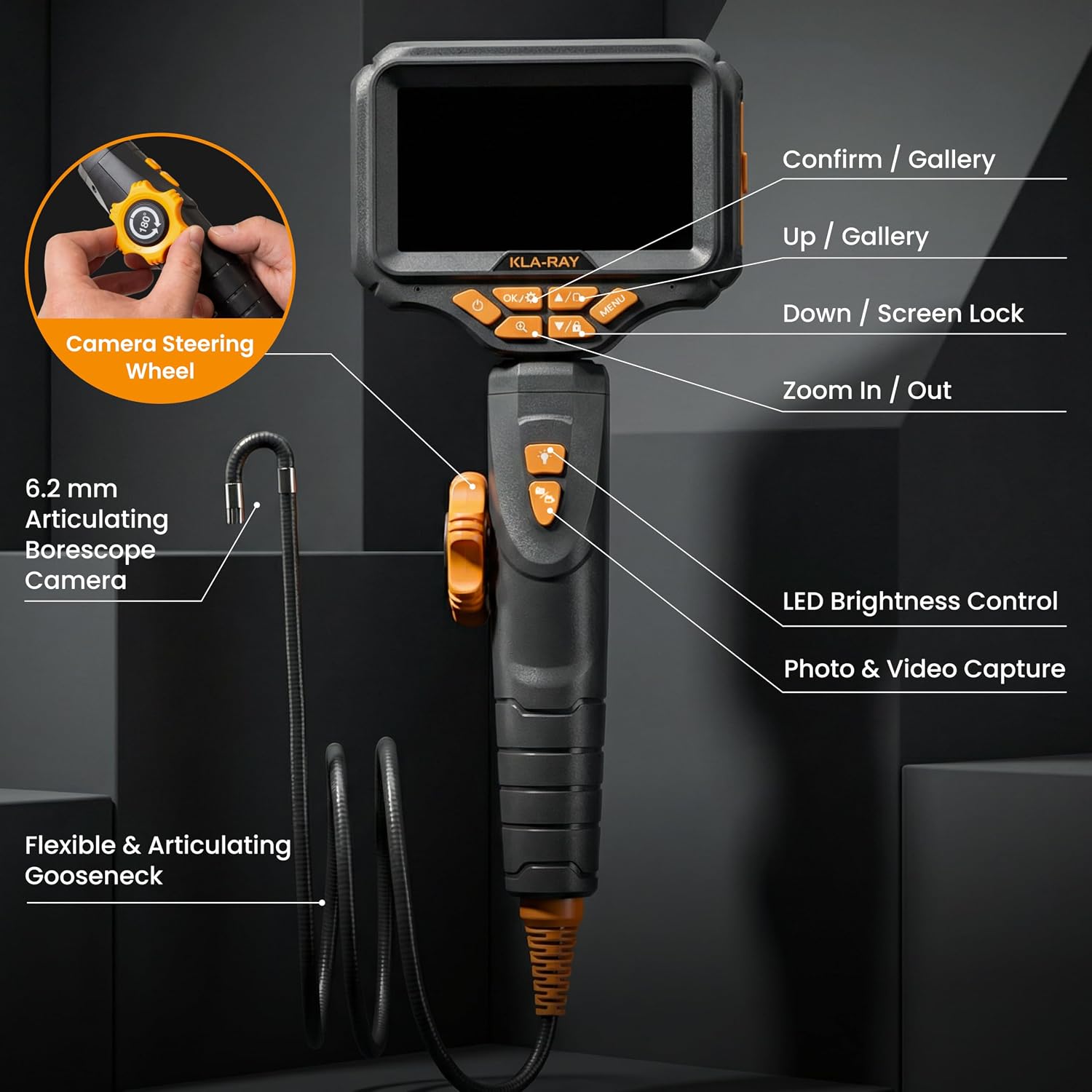 KLARAY US23-MD62 Two-Way Articulating Borescope with Light. Industrial Endoscope Inspection Camera with 6.2mm Articulated Probe. Flexible Mechanic Snake Scope for Automotive Engine - 3.3FT