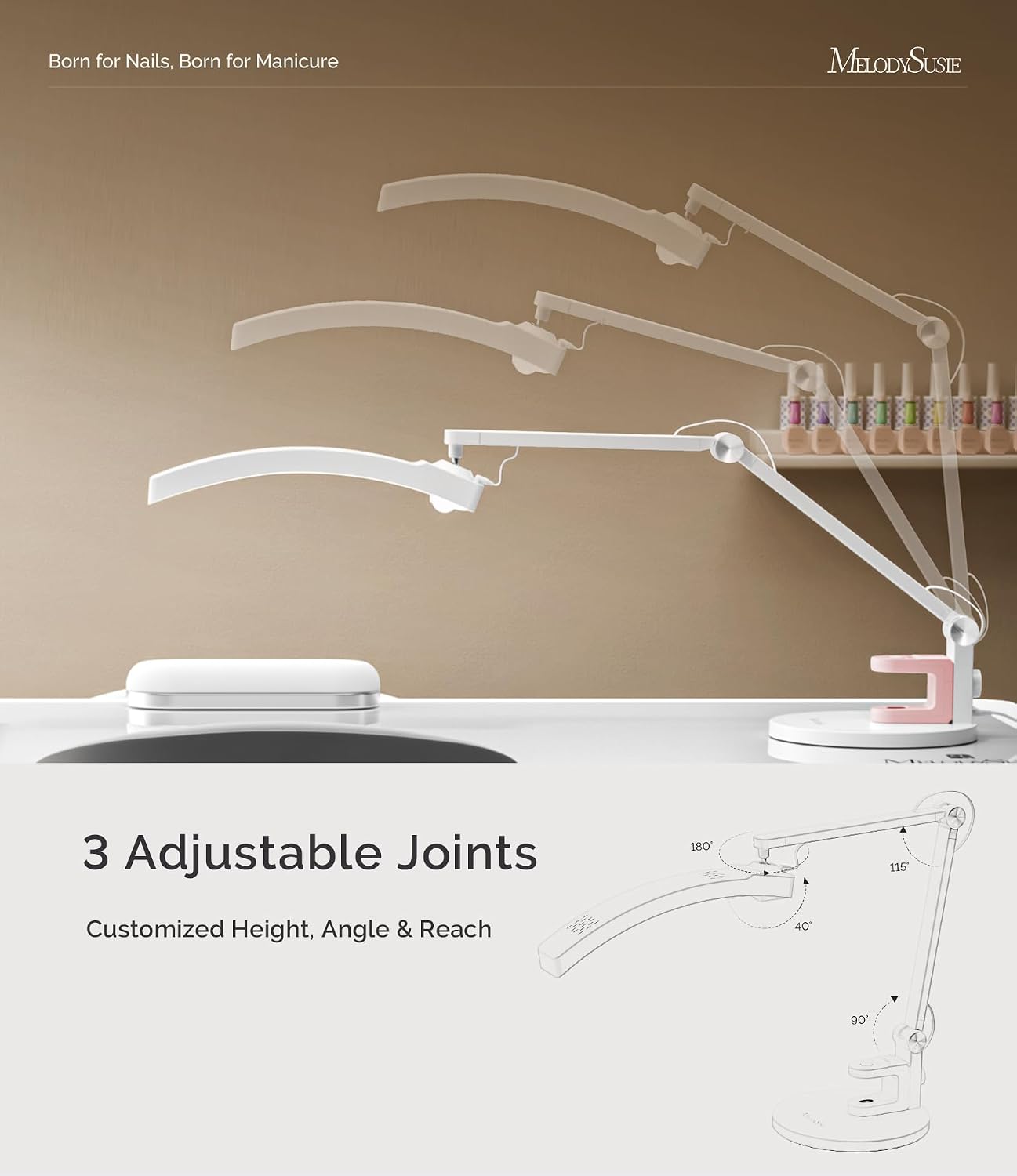 MelodySusie Multi-Functional Manicure Table Lamp S-Pro29G for Nail Techs | Professional Nail Desk Light with Magnetic UV Curing Lamp. Adjustable Arm. Dimmable Brightness & 3 Color Temps for Nail Art