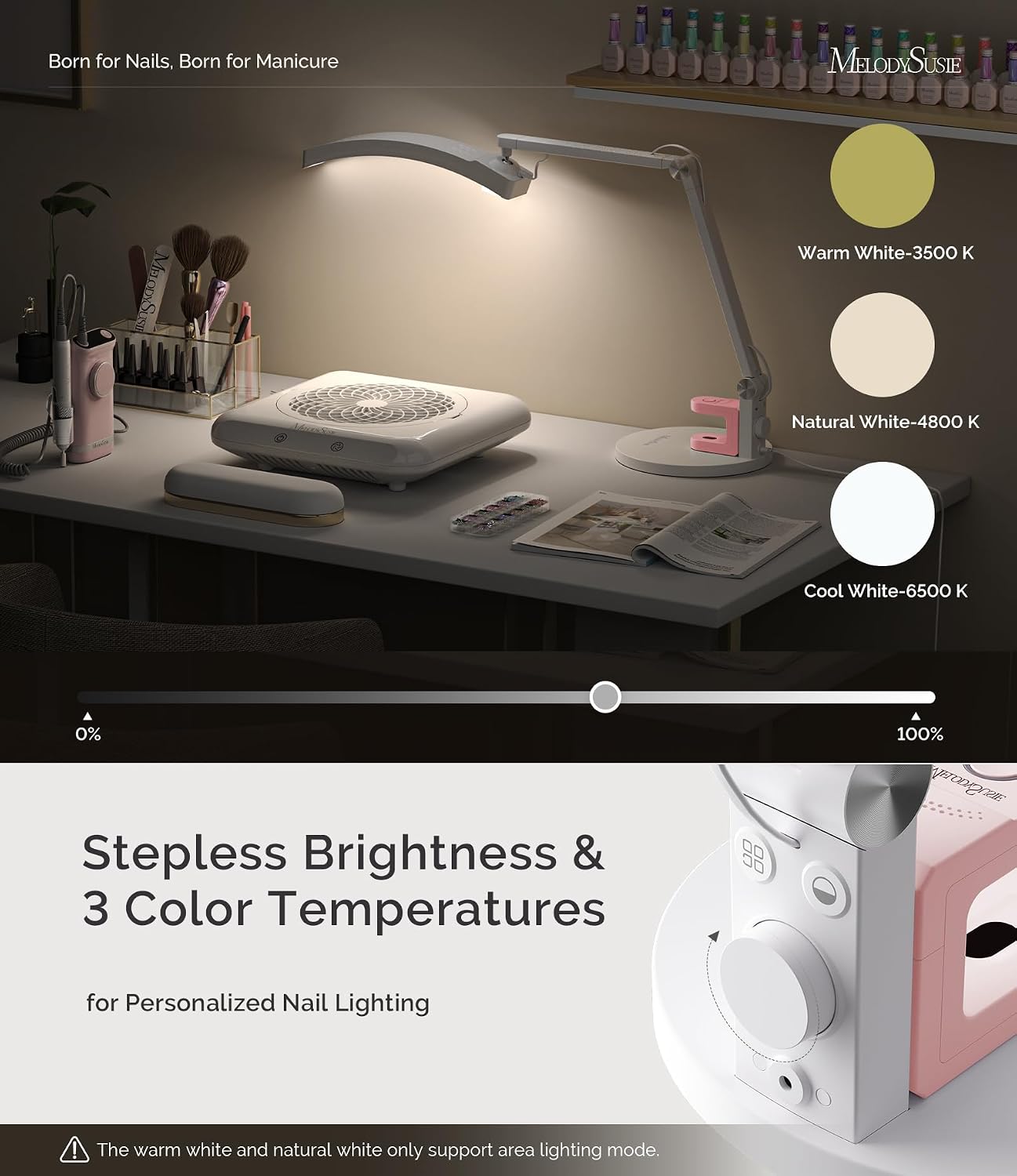 MelodySusie Multi-Functional Manicure Table Lamp S-Pro29G for Nail Techs | Professional Nail Desk Light with Magnetic UV Curing Lamp. Adjustable Arm. Dimmable Brightness & 3 Color Temps for Nail Art