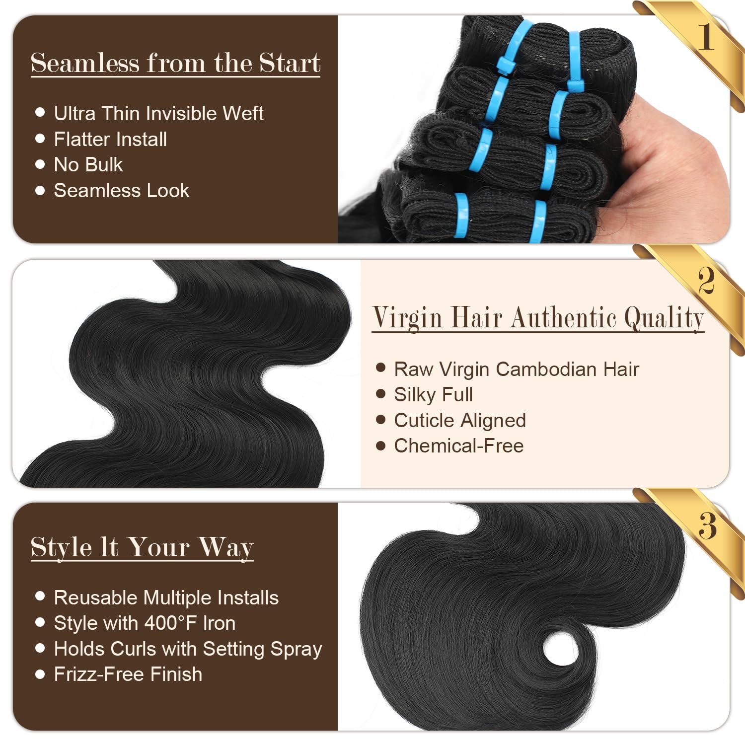 16A Body Wave Bundles Human Hair 100% Real Raw Human Hair Bundles Body Wave 22 22 24 24 Inch.No Tangle Shedding.Triple Lifespan Virgin Hair Extensions Thick Weave Reusable