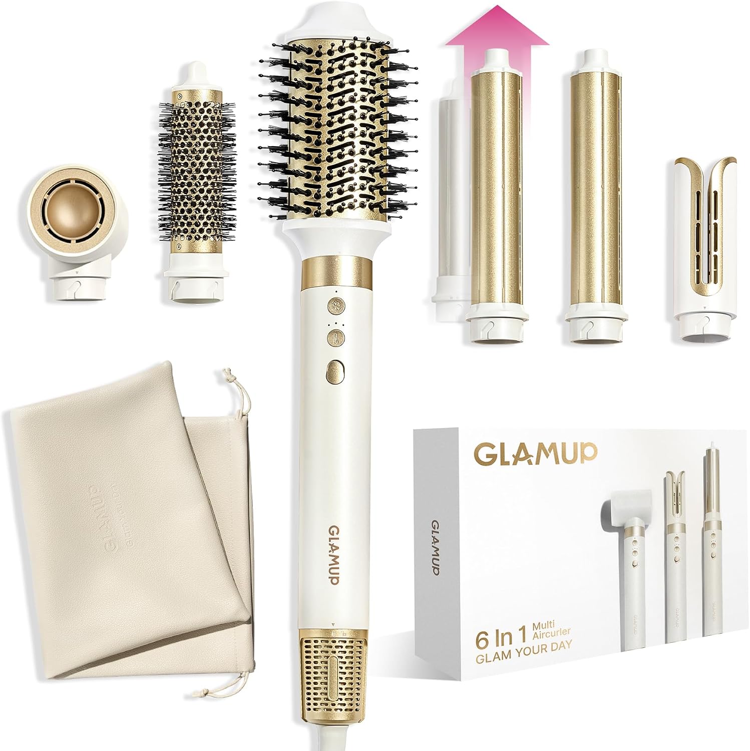 GLAMUP 6-in-1 Extra Long Wrap AirCurler. Hot Air Styler. Fast Drying | 110k RPM High-Speed Motor & Negative Ions. Frizz-Free. No Heat Damage. Volumizer & Straightener for All Types. Travel Pouch