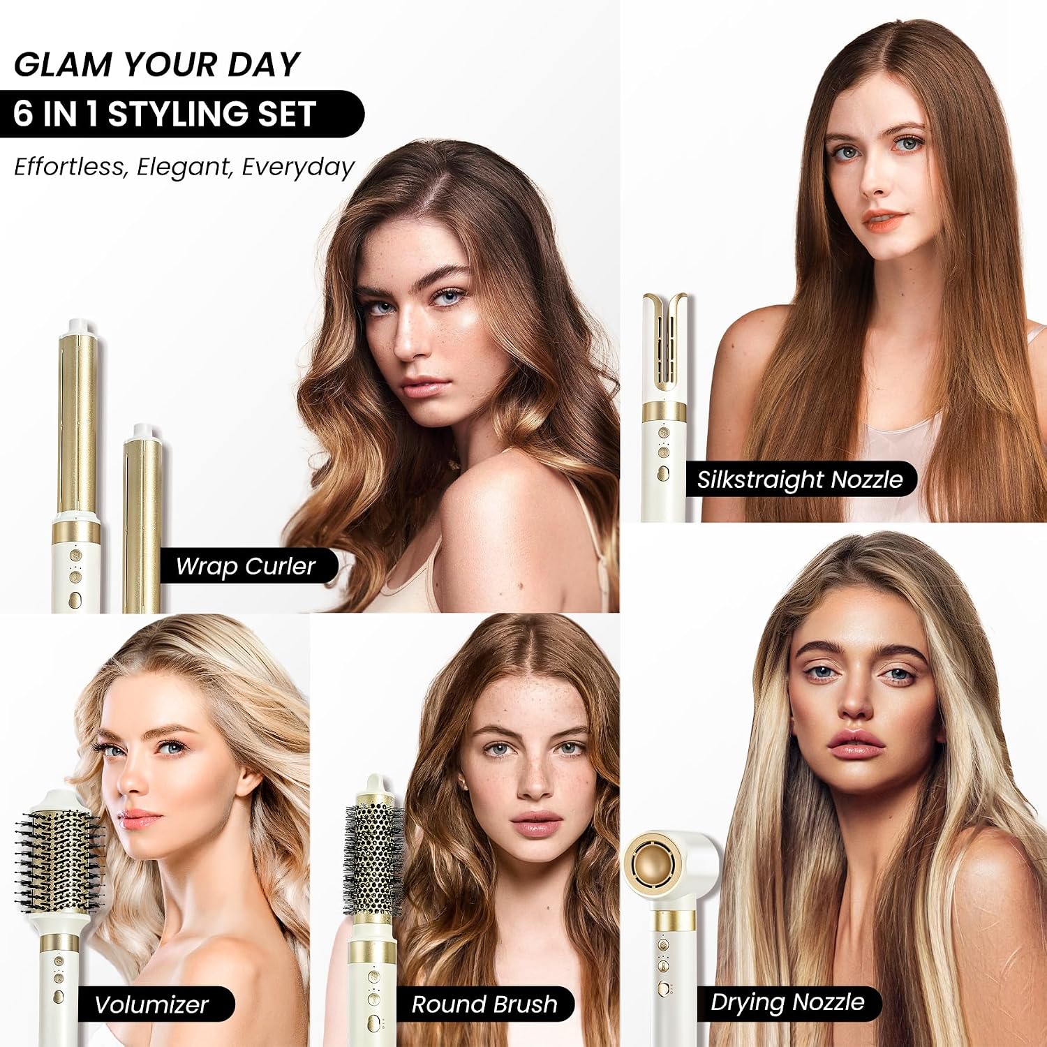 GLAMUP 6-in-1 Extra Long Wrap AirCurler. Hot Air Styler. Fast Drying | 110k RPM High-Speed Motor & Negative Ions. Frizz-Free. No Heat Damage. Volumizer & Straightener for All Types. Travel Pouch