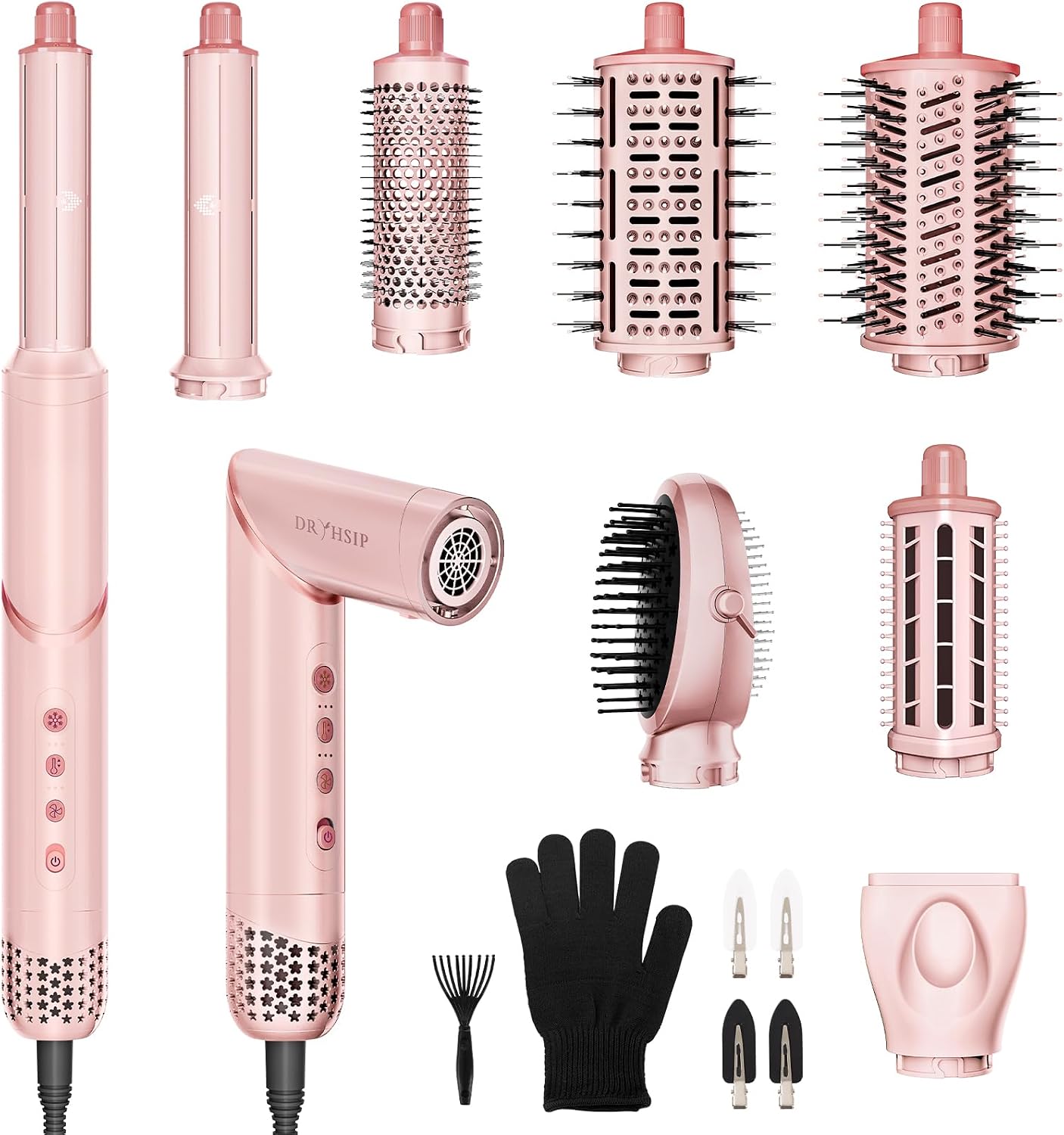 Dryhsip 8 in 1 Hair Styler & Wrap Air Curler. High-Speed Hair Tools | Professional Negative Ionic Hair Brush for Curling/Fast Drying/Volumizing/Straightening Styling (Pink)