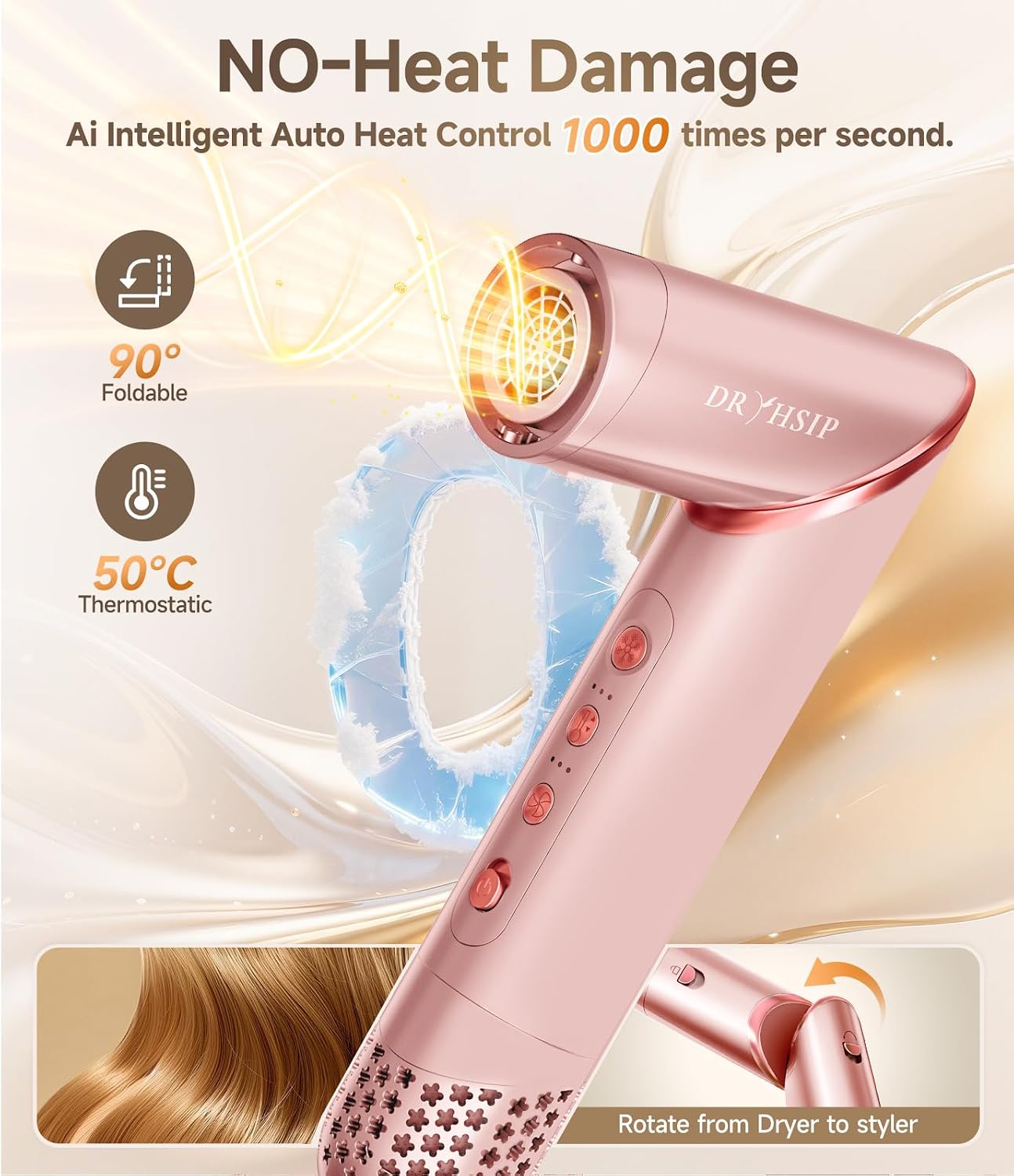 Dryhsip 8 in 1 Hair Styler & Wrap Air Curler. High-Speed Hair Tools | Professional Negative Ionic Hair Brush for Curling/Fast Drying/Volumizing/Straightening Styling (Pink)