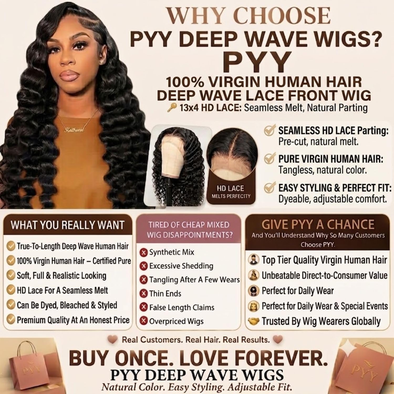 PYY Deep Wave Lace Front Wigs Human Hair Glueless Wigs For Women 28 Inch | Soft Texture. Realistic Hairline. Easy Styling. Adjustable Comfort Fit for Daily Wear & Special Events Natural Color 28 Inch