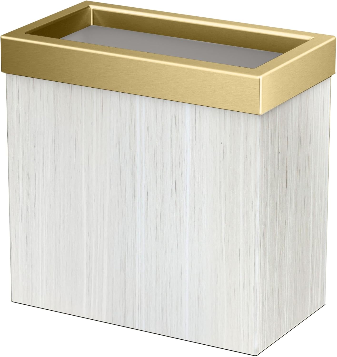 Gatco Modern Rectangle Wastebasket. White Oak/Brushed Brass Lid - Stainless Steel Trash Can with Removable Lid. Leakproof. 3 Gallon Capacity for Bathroom. Bedroom. Kitchen. or Office