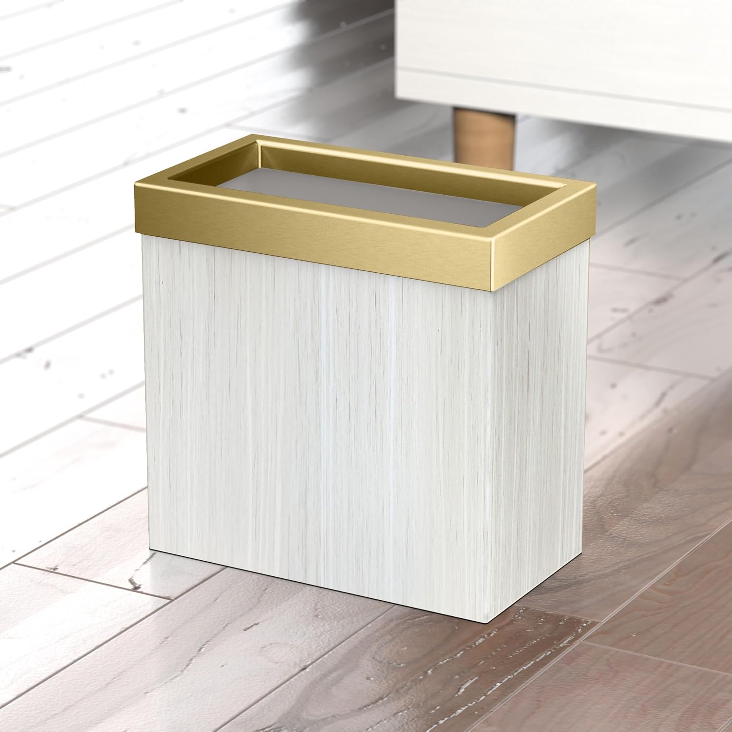 Gatco Modern Rectangle Wastebasket. White Oak/Brushed Brass Lid - Stainless Steel Trash Can with Removable Lid. Leakproof. 3 Gallon Capacity for Bathroom. Bedroom. Kitchen. or Office