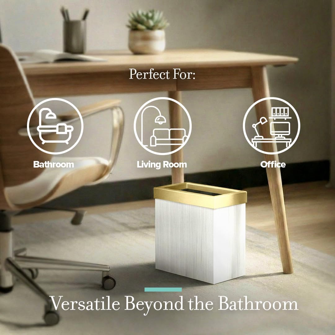 Gatco Modern Rectangle Wastebasket. White Oak/Brushed Brass Lid - Stainless Steel Trash Can with Removable Lid. Leakproof. 3 Gallon Capacity for Bathroom. Bedroom. Kitchen. or Office