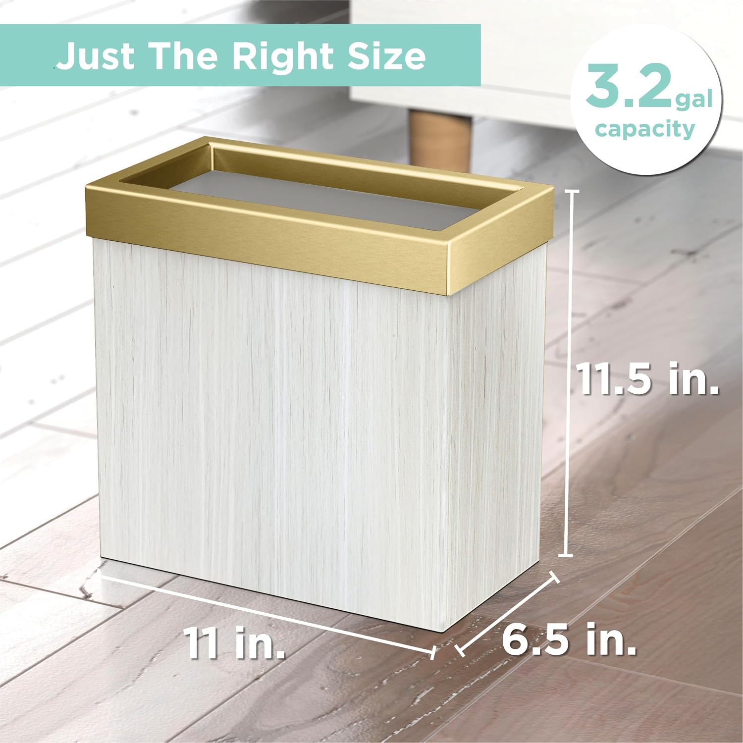 Gatco Modern Rectangle Wastebasket. White Oak/Brushed Brass Lid - Stainless Steel Trash Can with Removable Lid. Leakproof. 3 Gallon Capacity for Bathroom. Bedroom. Kitchen. or Office