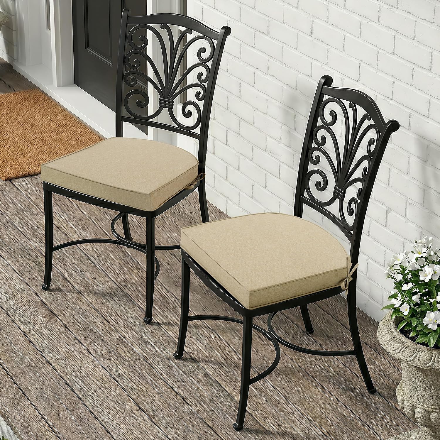Fitfree Outdoor Chair Cushions. Fade-Resistant & Water-Resistant. D Shaped Patio Furniture Seat Chair Pads Replacement with Ties. Non-Slip Bottom. Removable Cover. Set of 6. 19 x 19 Inch. Natural