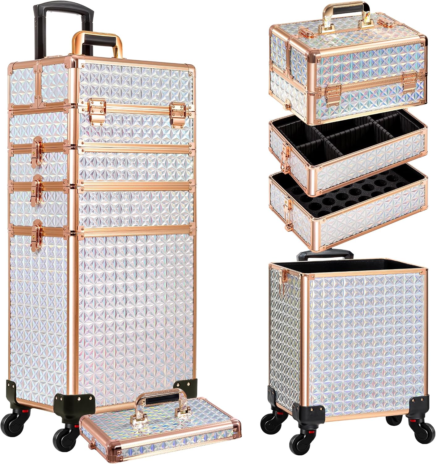 AROUS 5 in 1 Rolling Makeup Train Case with Lid Cosmetology Case on Wheels | Large Cosmetic Trolley Organizer with Keys Salon Barber Case Traveling Cart Trunk for Artist Hairstylists Nail Tech.White
