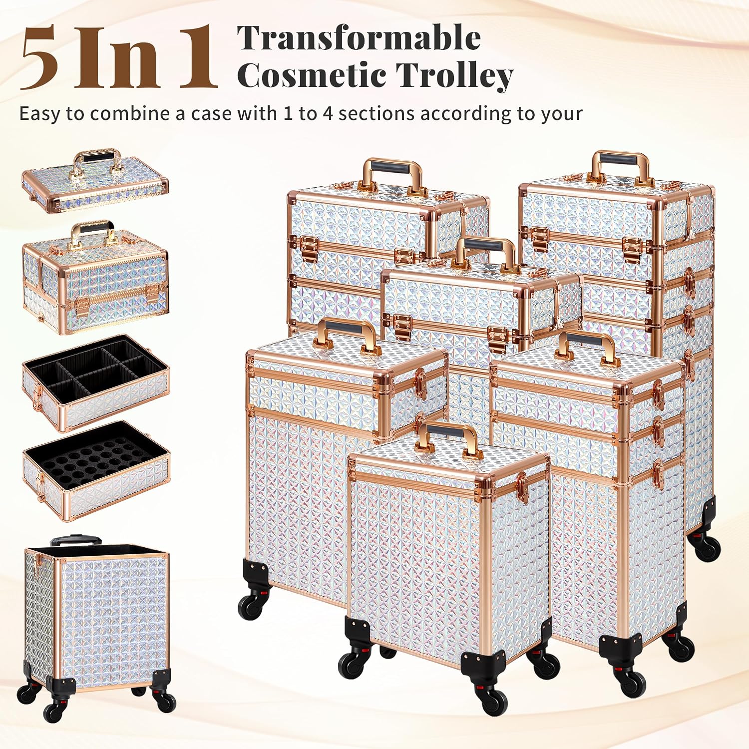 AROUS 5 in 1 Rolling Makeup Train Case with Lid Cosmetology Case on Wheels | Large Cosmetic Trolley Organizer with Keys Salon Barber Case Traveling Cart Trunk for Artist Hairstylists Nail Tech.White