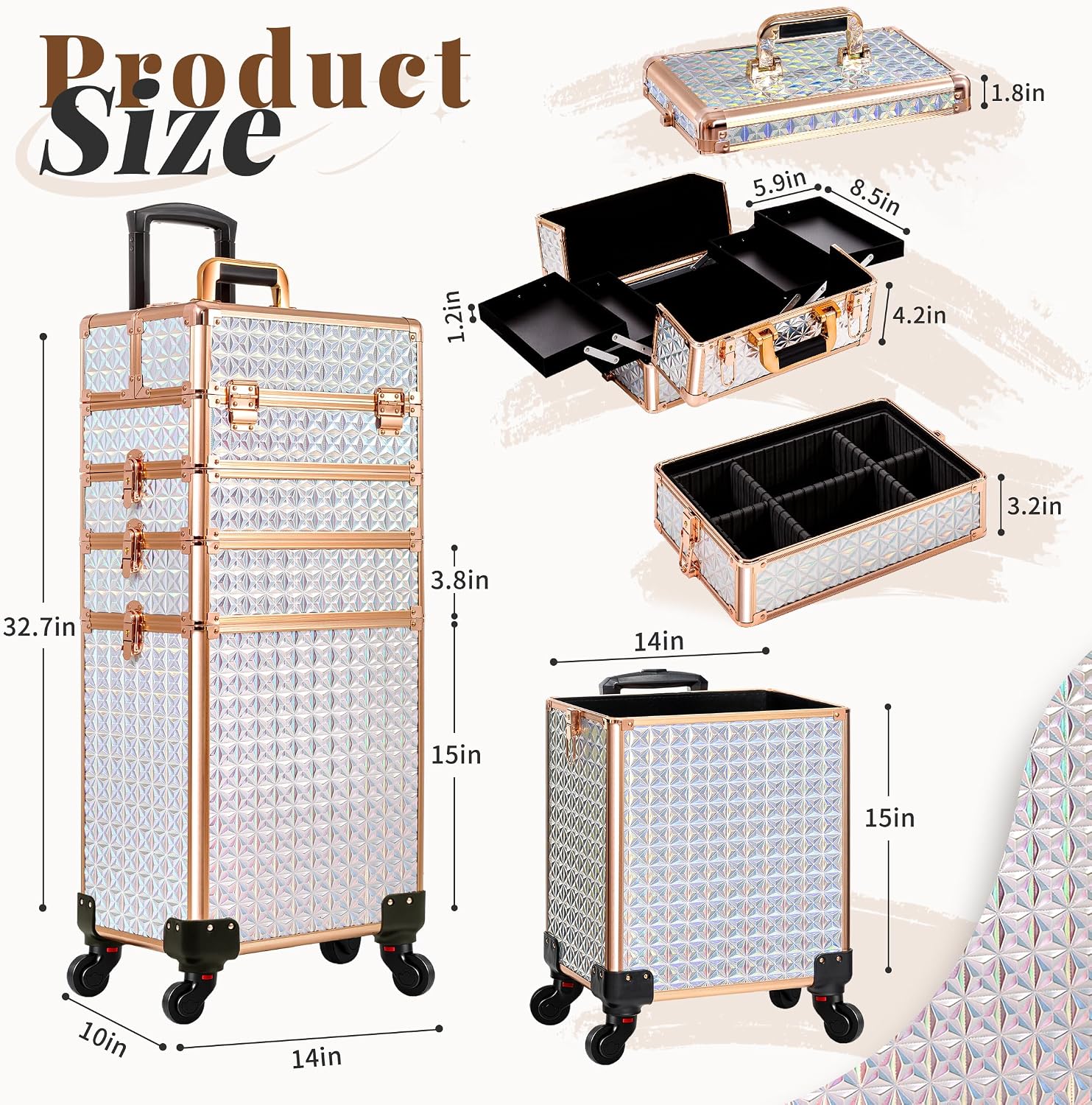AROUS 5 in 1 Rolling Makeup Train Case with Lid Cosmetology Case on Wheels | Large Cosmetic Trolley Organizer with Keys Salon Barber Case Traveling Cart Trunk for Artist Hairstylists Nail Tech.White