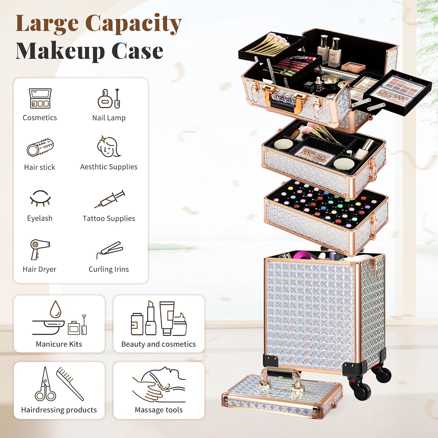 AROUS 5 in 1 Rolling Makeup Train Case with Lid Cosmetology Case on Wheels | Large Cosmetic Trolley Organizer with Keys Salon Barber Case Traveling Cart Trunk for Artist Hairstylists Nail Tech.White