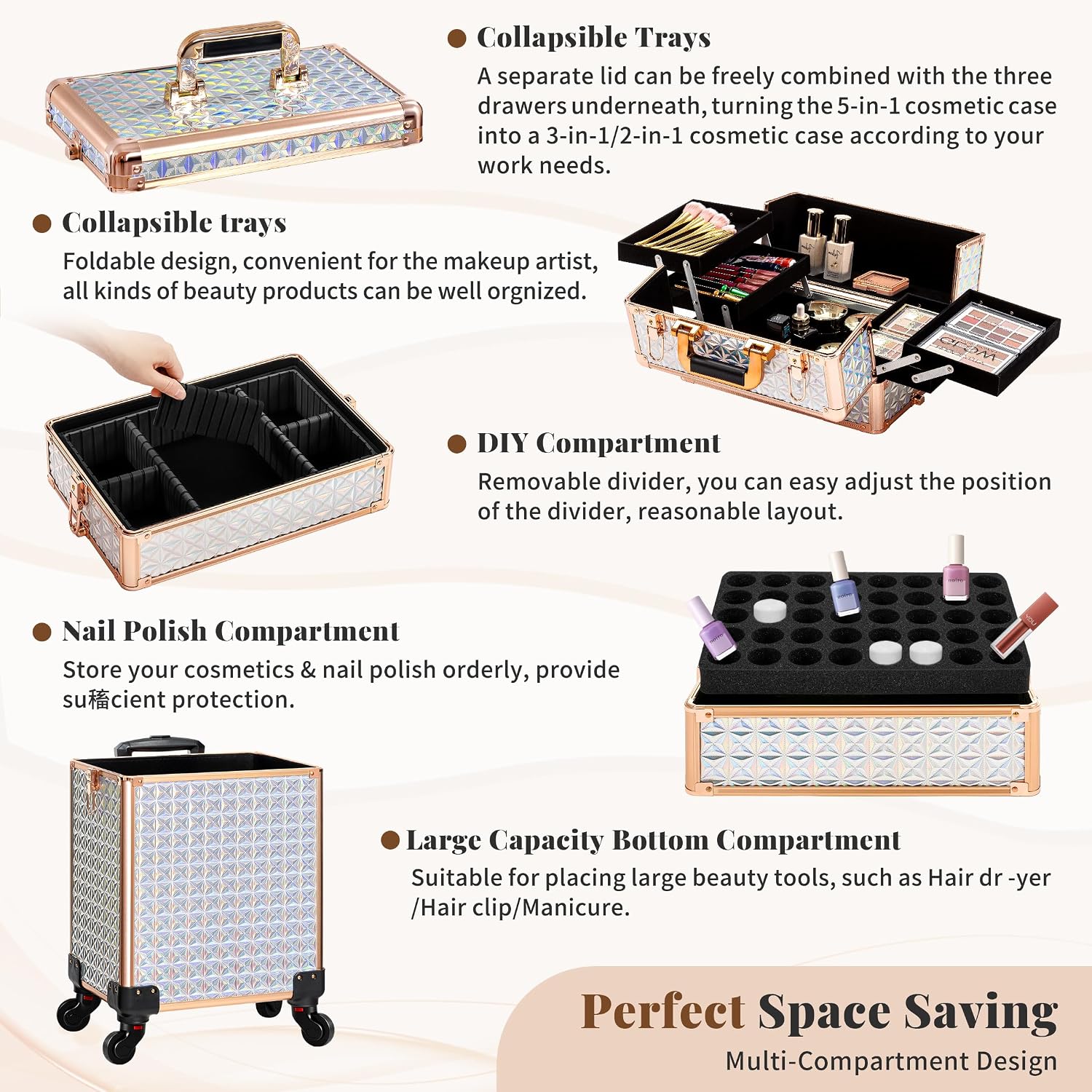 AROUS 5 in 1 Rolling Makeup Train Case with Lid Cosmetology Case on Wheels | Large Cosmetic Trolley Organizer with Keys Salon Barber Case Traveling Cart Trunk for Artist Hairstylists Nail Tech.White