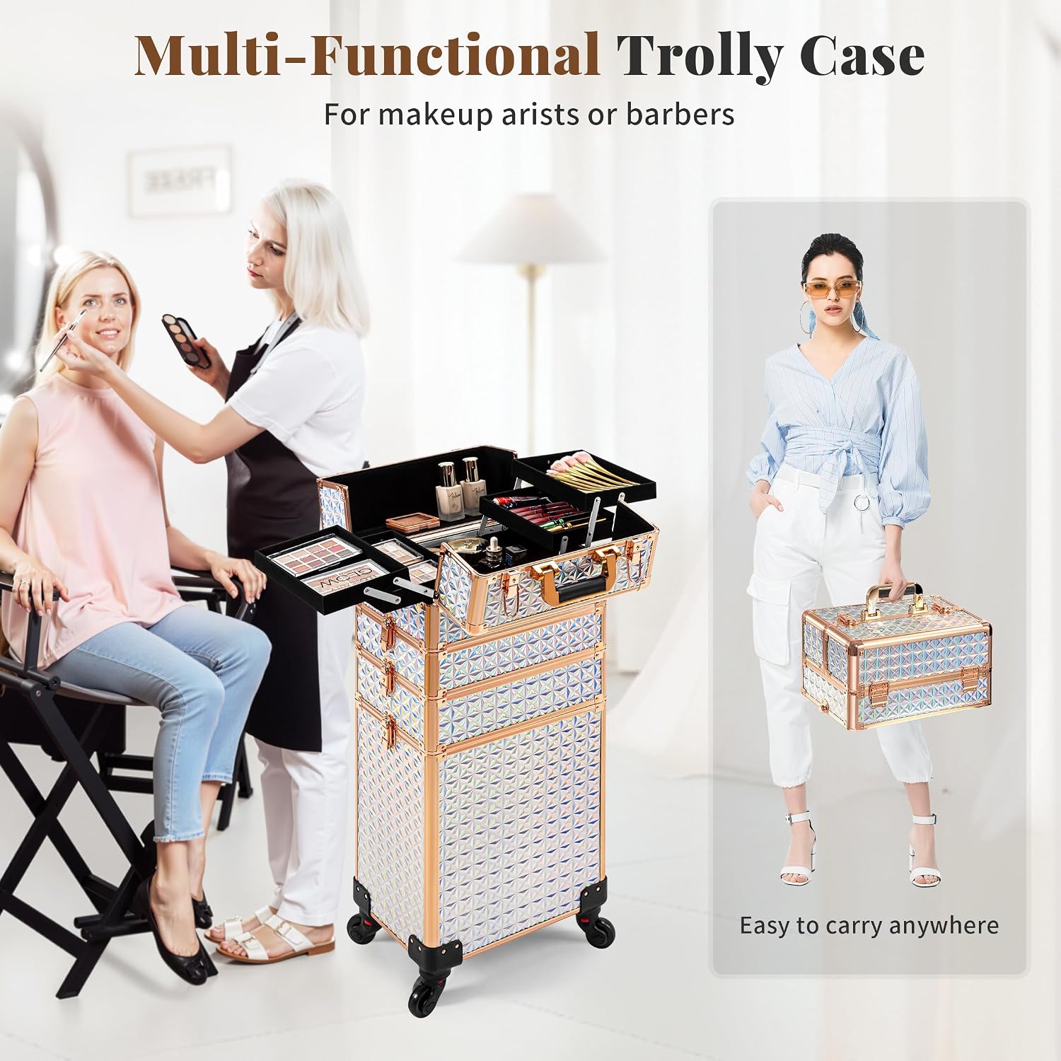 AROUS 5 in 1 Rolling Makeup Train Case with Lid Cosmetology Case on Wheels | Large Cosmetic Trolley Organizer with Keys Salon Barber Case Traveling Cart Trunk for Artist Hairstylists Nail Tech.White